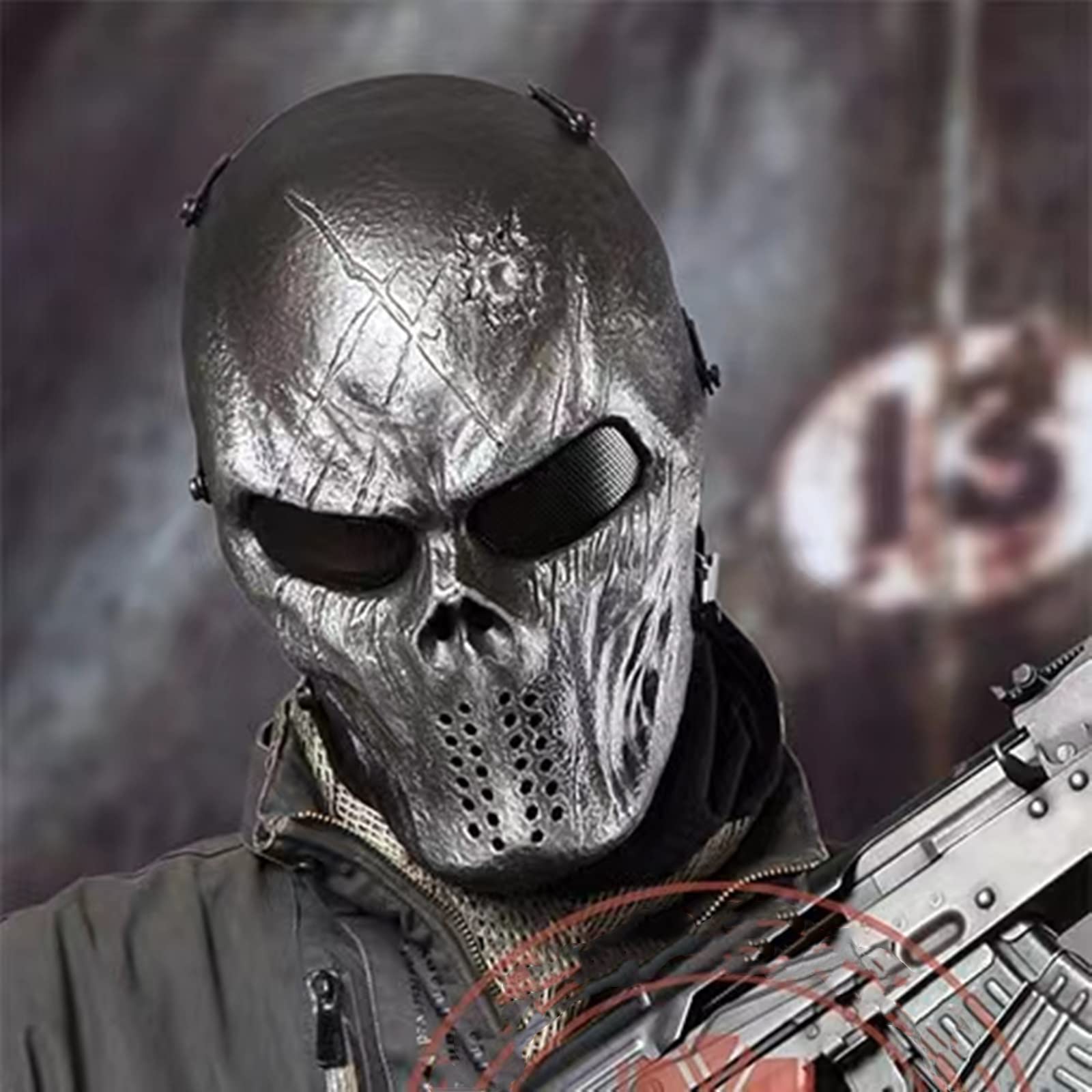 Maska na Halloween, maska z trupią czaszką dla dorosłych, taktyczna maska z duchami z metalową siatką, ochrona oczu, straszny kask 3D, wykonany z naturalnego lateksu, na imprezę Cosplay, Halloween, imprezę, nakrycie głowy