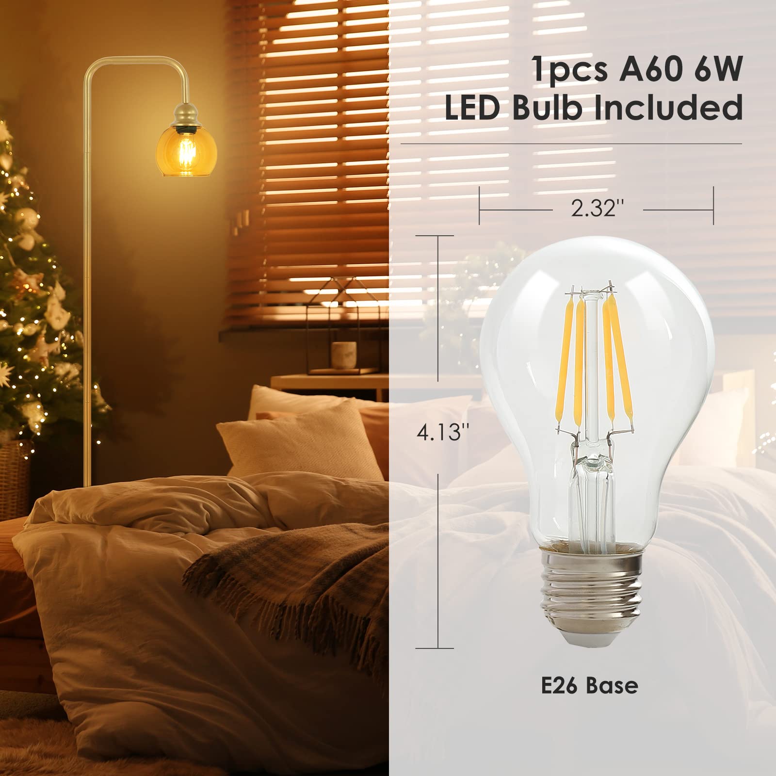 Lámpara de pie moderna para sala de estar con bombilla LED de 6 W, lámpara de pie industrial, vidrio ámbar, lámpara alta de lectura clásica para oficina en casa, lámpara de pie para estudio, 4