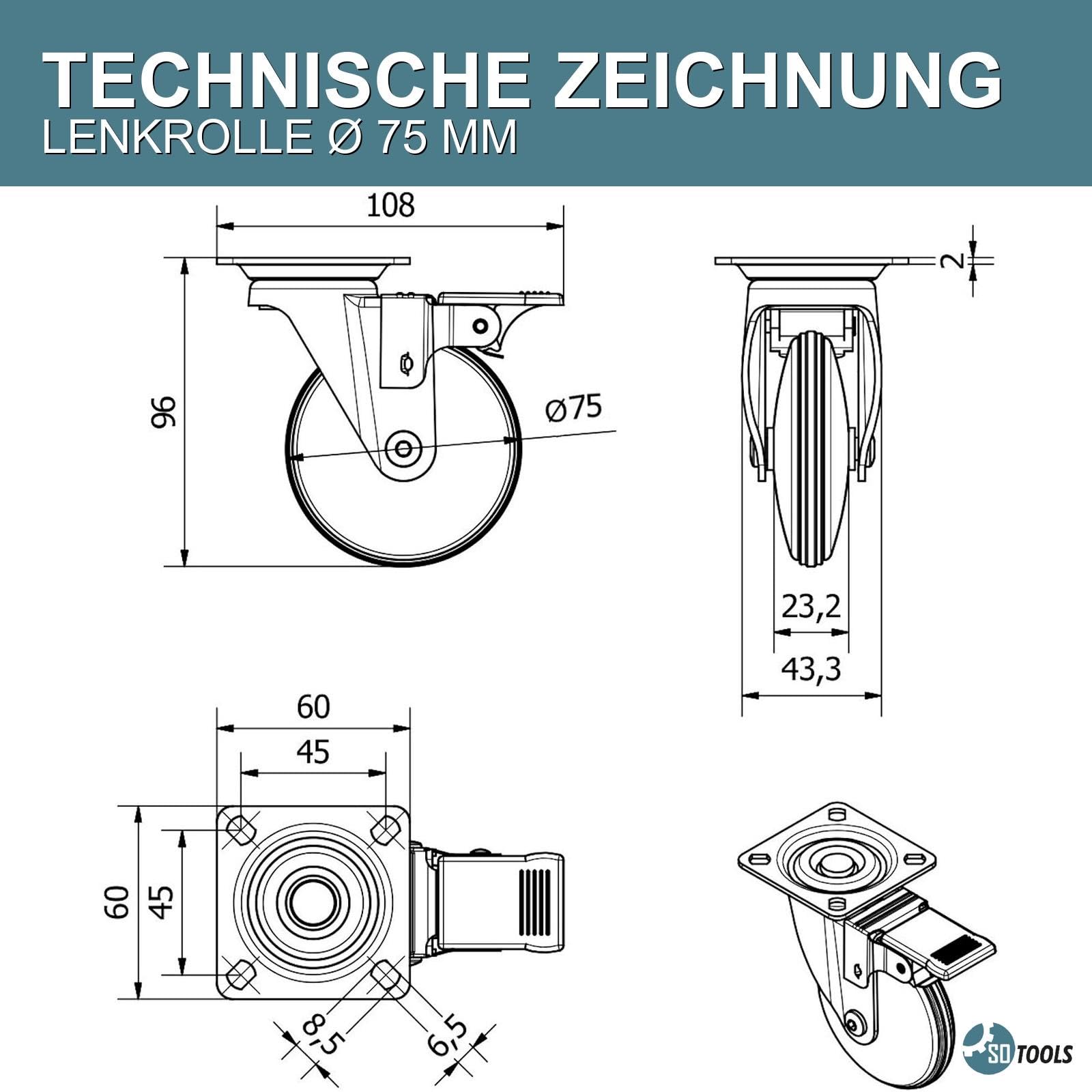 SOTOOLS 4er Set Lenkrollen HANS für Möbel 360° drehbar mit Bremse – Möbelrollen in silbergrau, 75 mm, TPEE, belastbar bis 140 kg, Anschraubplatte, Schraubenset 5 x 17 mm