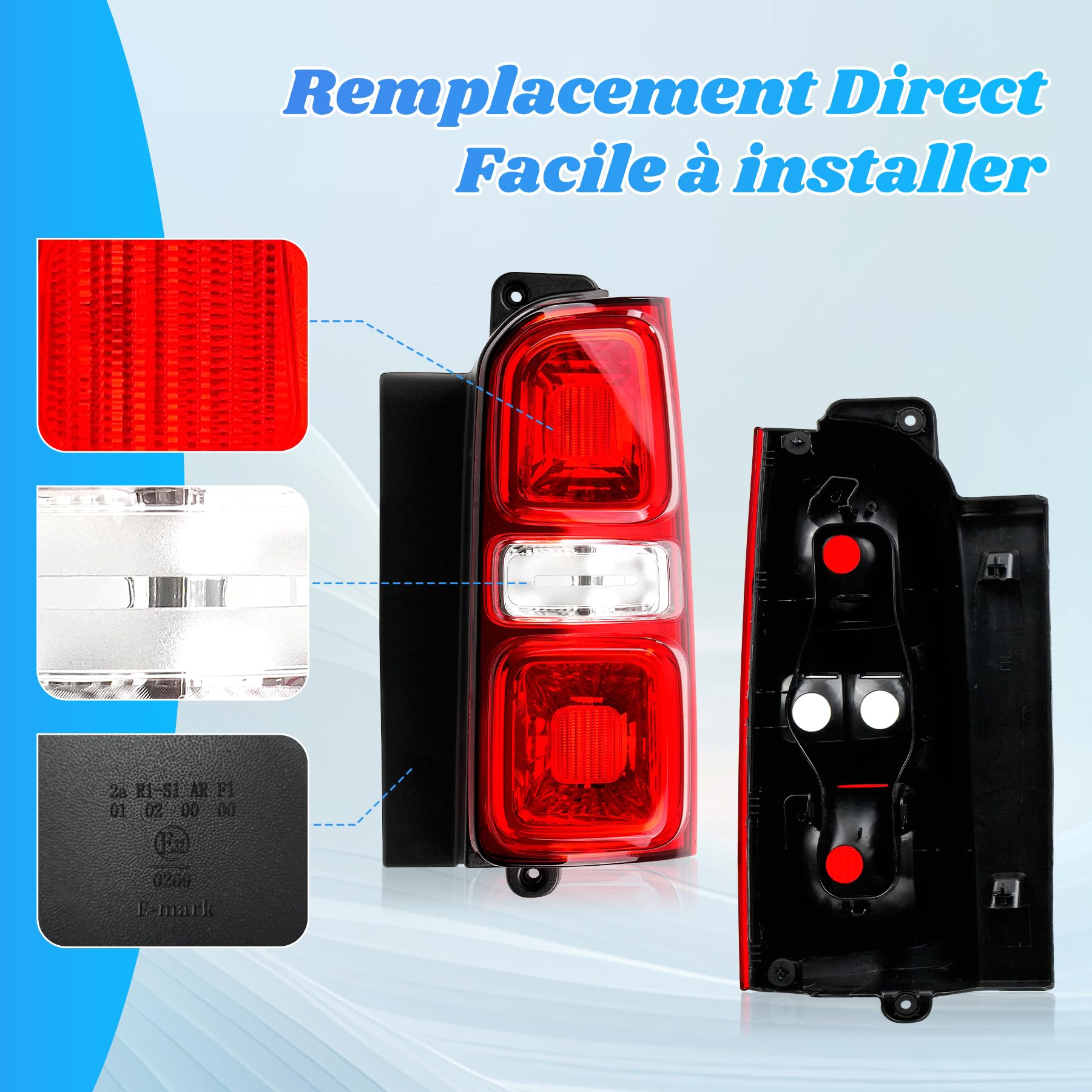 Feu arrière droit pour TRAVELLER/EXPERT (V_), JUMPY (V_) SPACETOURER (V_), DISPATCH, PROACE à partir de 2016, VIVARO C, ZAFIRA LIFE (K0) à partir de 2019 Pièces de rechange 9808243080 E-Mark