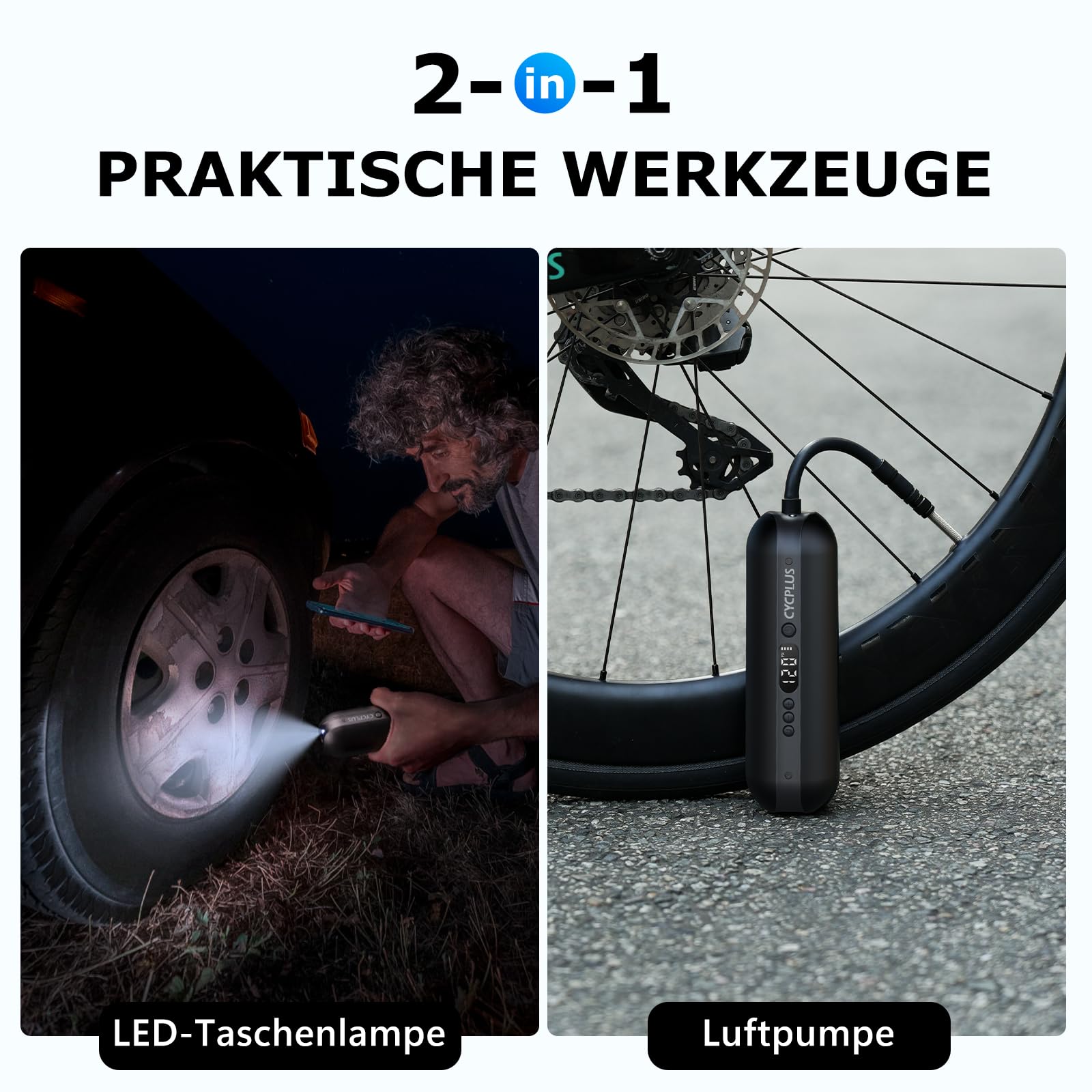 CYCPLUS Luftpumpe 150PSI Elektrischer Kompressor Tragbar Fahrradpumpe Mini Reifenpumpe mit Digital LED Anzeige LED Licht Wiederaufladbarer Li-ionen für alle Fahrräder Motorräder und Autos