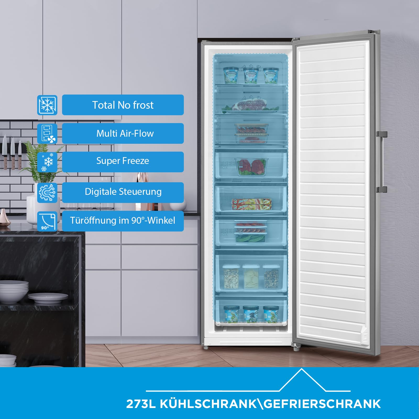 Midea MDRU385MTE46 zamrażarka/273 l/185 cm wysokości/NoFrost/elastyczna funkcja chłodzenia i zamrażarki/superchłodzenie/duże przegródki/zero Clearance/uchwyt Easy Open/wymienny ogranicznik