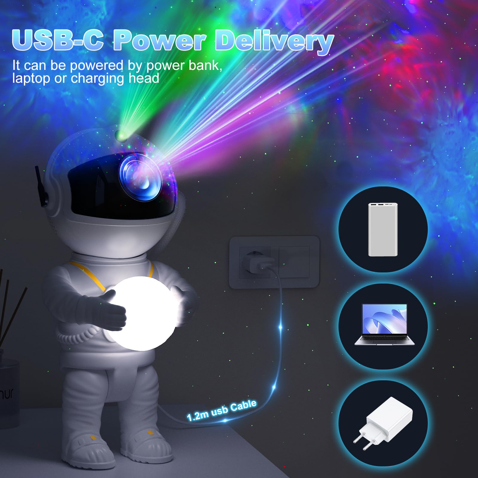 Feliigo Proyector Estrellas, LED Astronauta Proyector Galaxy, 8 Modos de Iluminación, Rotación 360° y Mando a Distancia–de Luz Aurora con Control Remoto, luz nocturna infantil