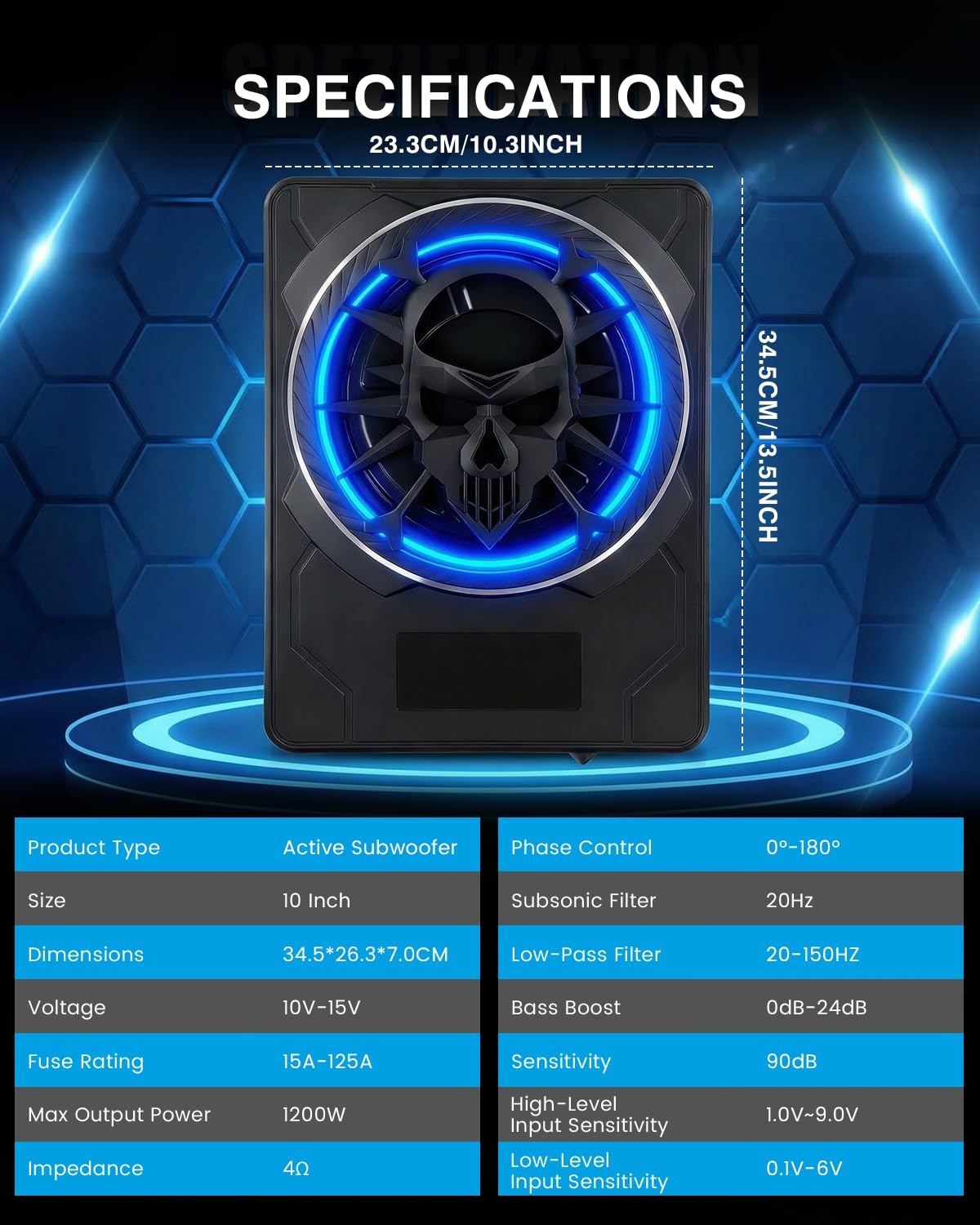 Subwoofer attivo per auto, montabile sotto i sedili, potenza massima 1200W, 10", modulo amplificatore integrato, design compatto ed elegante, illuminazione ambientale RGB controllata tramite APP