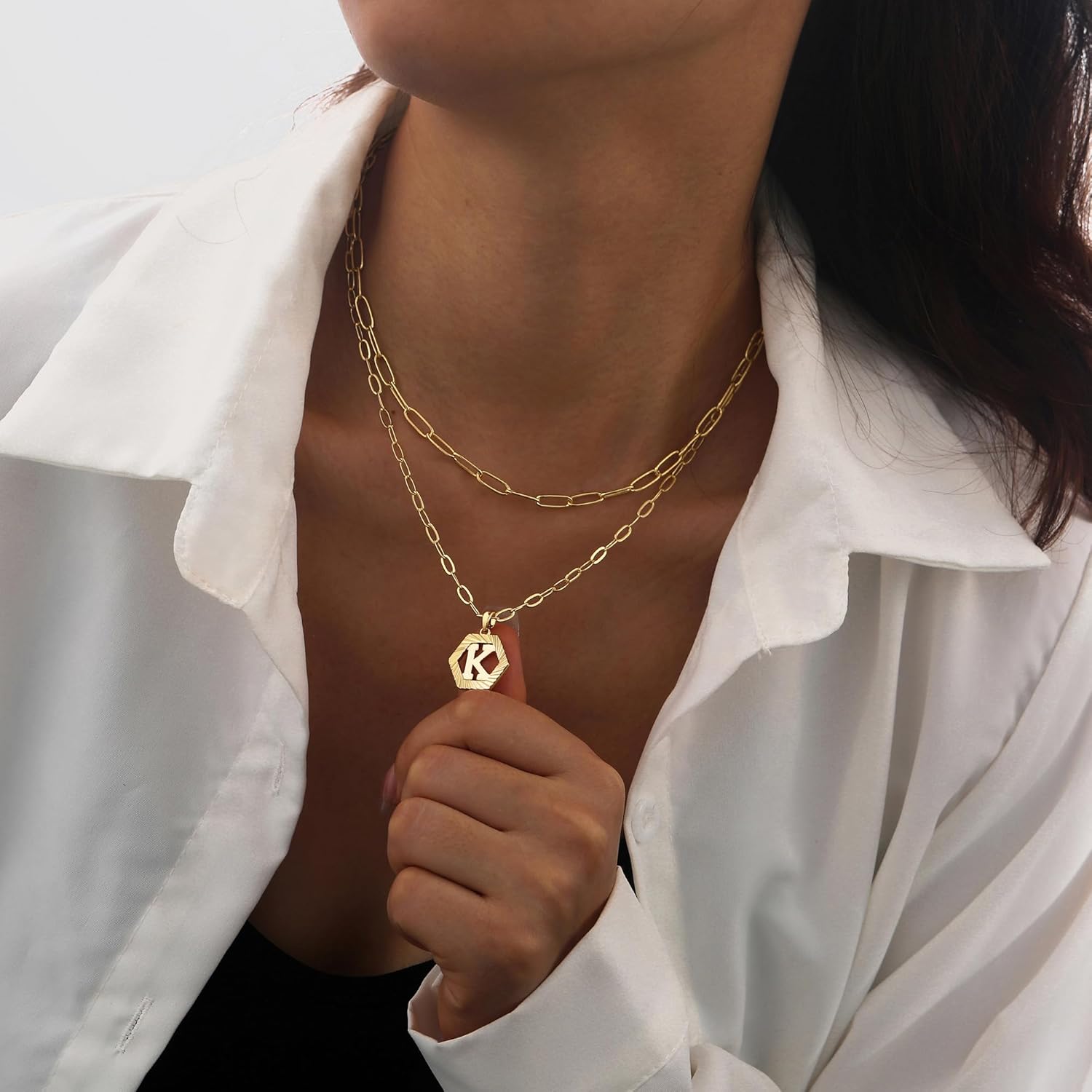 Initial Necklaces for Women,Dainty Gold Letter Necklace 18K Gold Plated Paperclip Chain Necklace Trendy Personalized Monogram Name Necklace Hexagon A-Z Pendant Choker Layered Gold Necklaces - Image 4