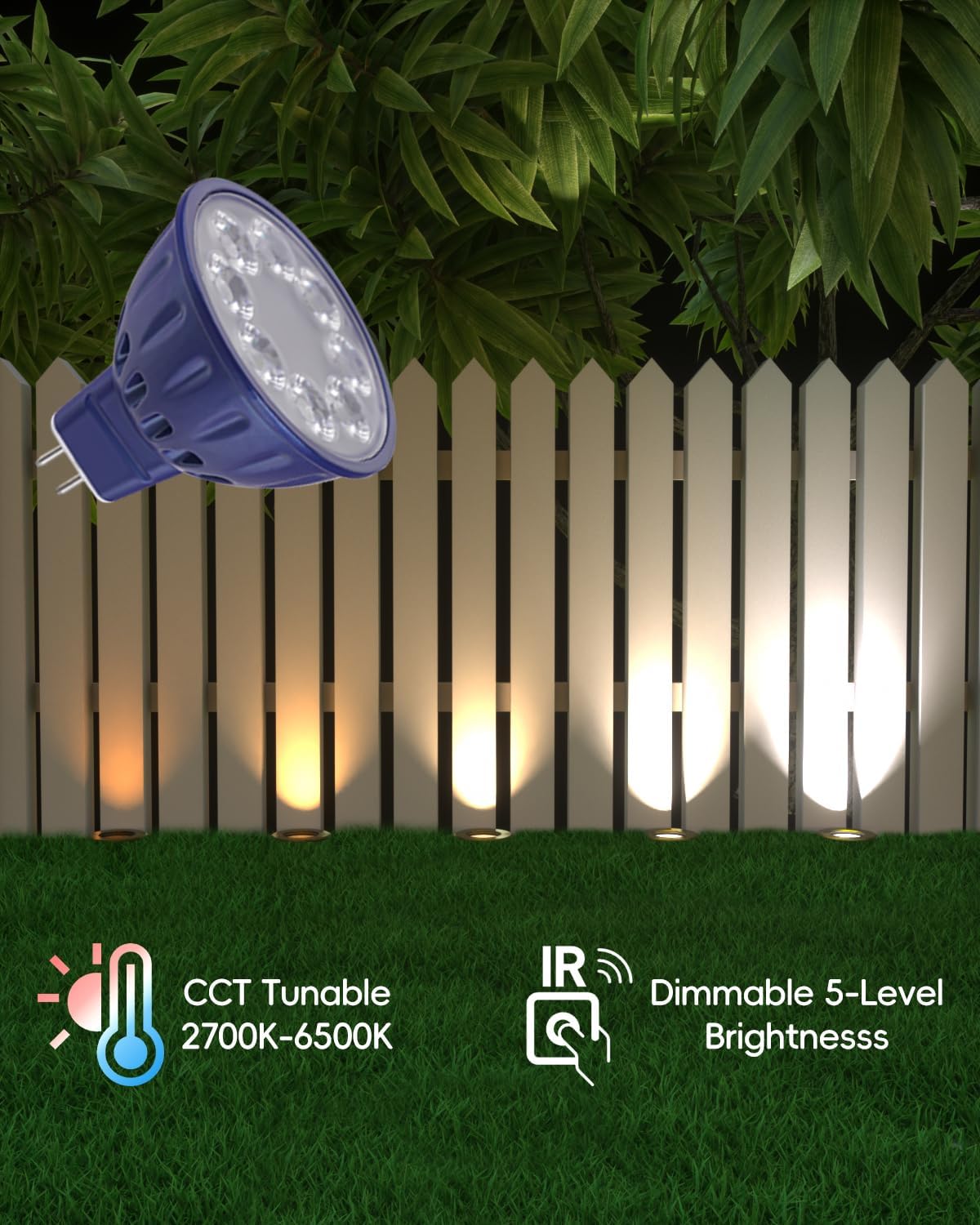 RGBW Color Changing MR16 LED Bulbs, CCT Tunable 2700K to 6500K, Dimmable with Remote Control, Memory Function, GU5.3 Bi-pin Base Light Bulbs for 12V Low Voltage Landscape Lighting 3-Pack