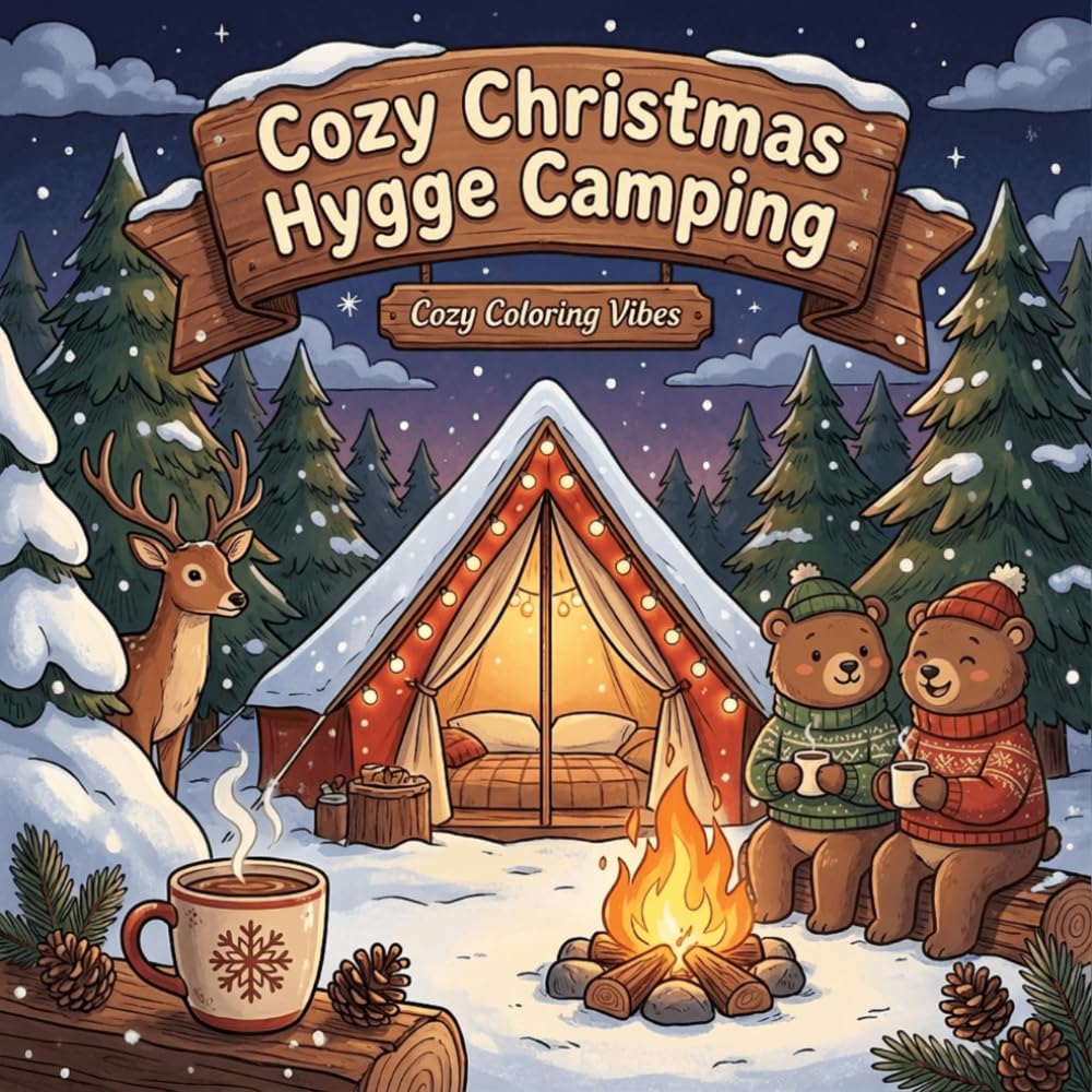 Cozy Christmas Hygge Camping: Winter Camping Scenes with Adorable Woodland Animals | Easy Bold Line Designs for Stress Relief, Mindfulness & Cozy ... (Cute Adorable Hygge Holiday Coloring Books)