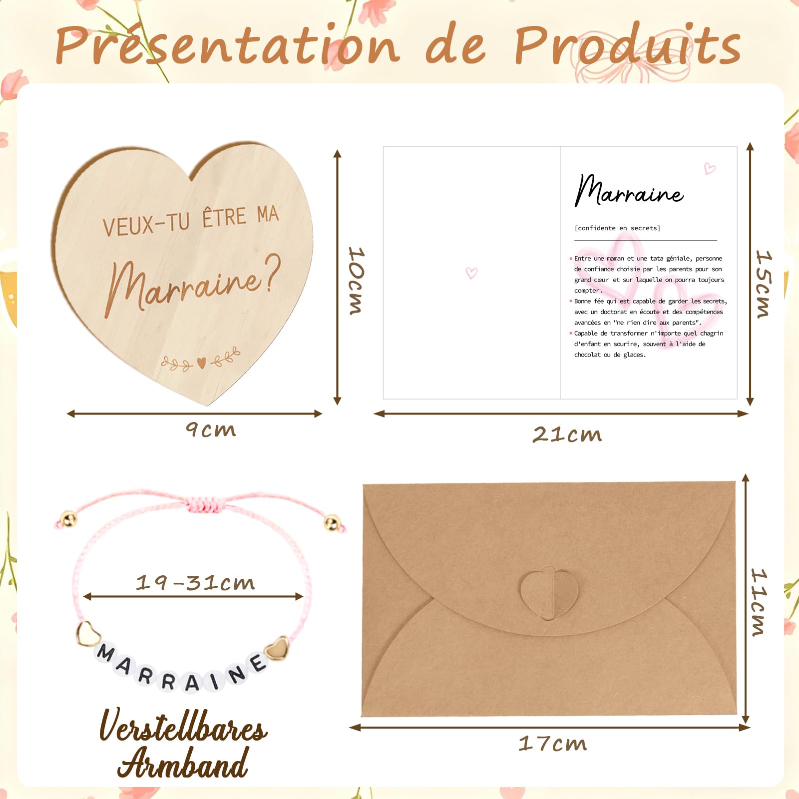 Carte de Demande en Bois pour Marraine, Bracelet avec Lettres, Idées Cadeaux