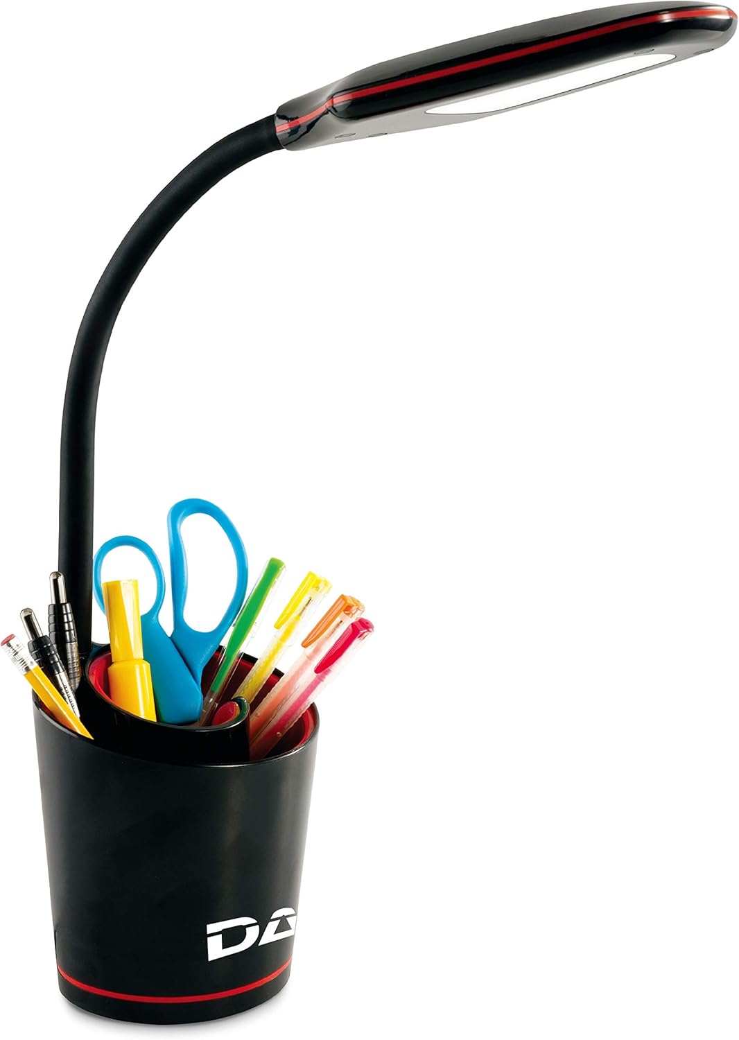 DAC LED Desk Lamp with Swirl Desk Organizer, Eye Care Table Lamp, Touch Control, 3 Brightness Modes, 180 Degree Flexible Gooseneck, Black and Red, 5.5W | Great for Office, Home, Dorm, College