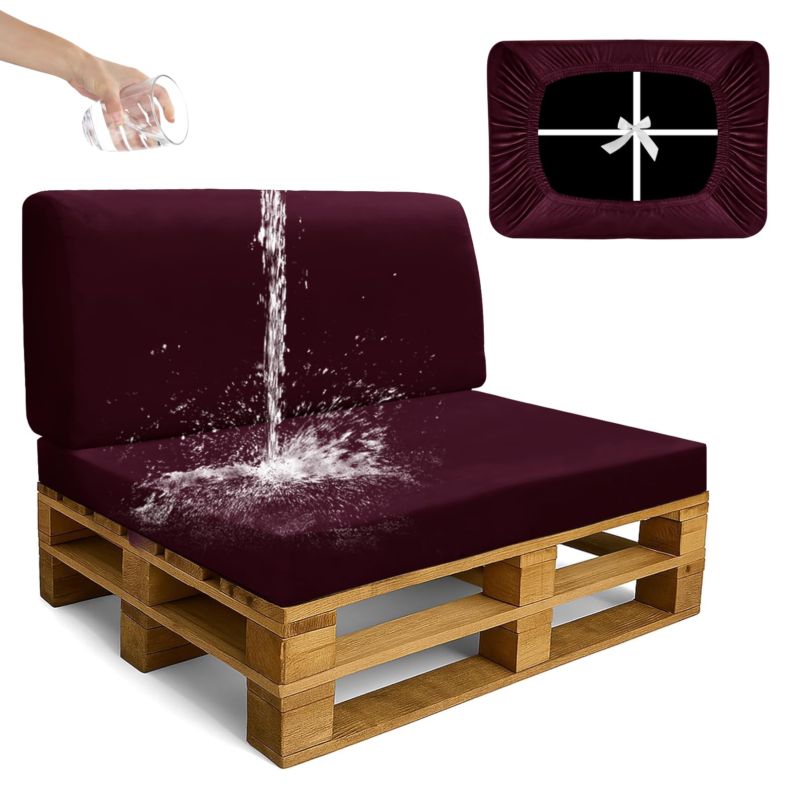 SYLC Waterproof Pallet Cushions Covers, Stretch Velvet Cover for Pallet Furniture Cushions, Outdoor Corner Sofa Covers for Rattan Wooden Patio Garden (Magenta,2 PCS(1 Seat+1 Back))