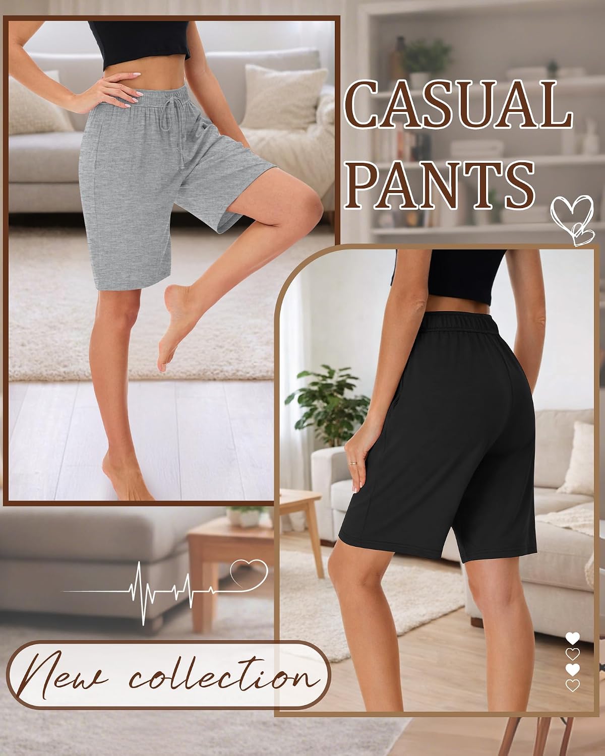 3 Pack Women's Bermuda Shorts Knee Length Lightweight Elastic Drawstring Casual Lounge Yoga Pants with Pockets