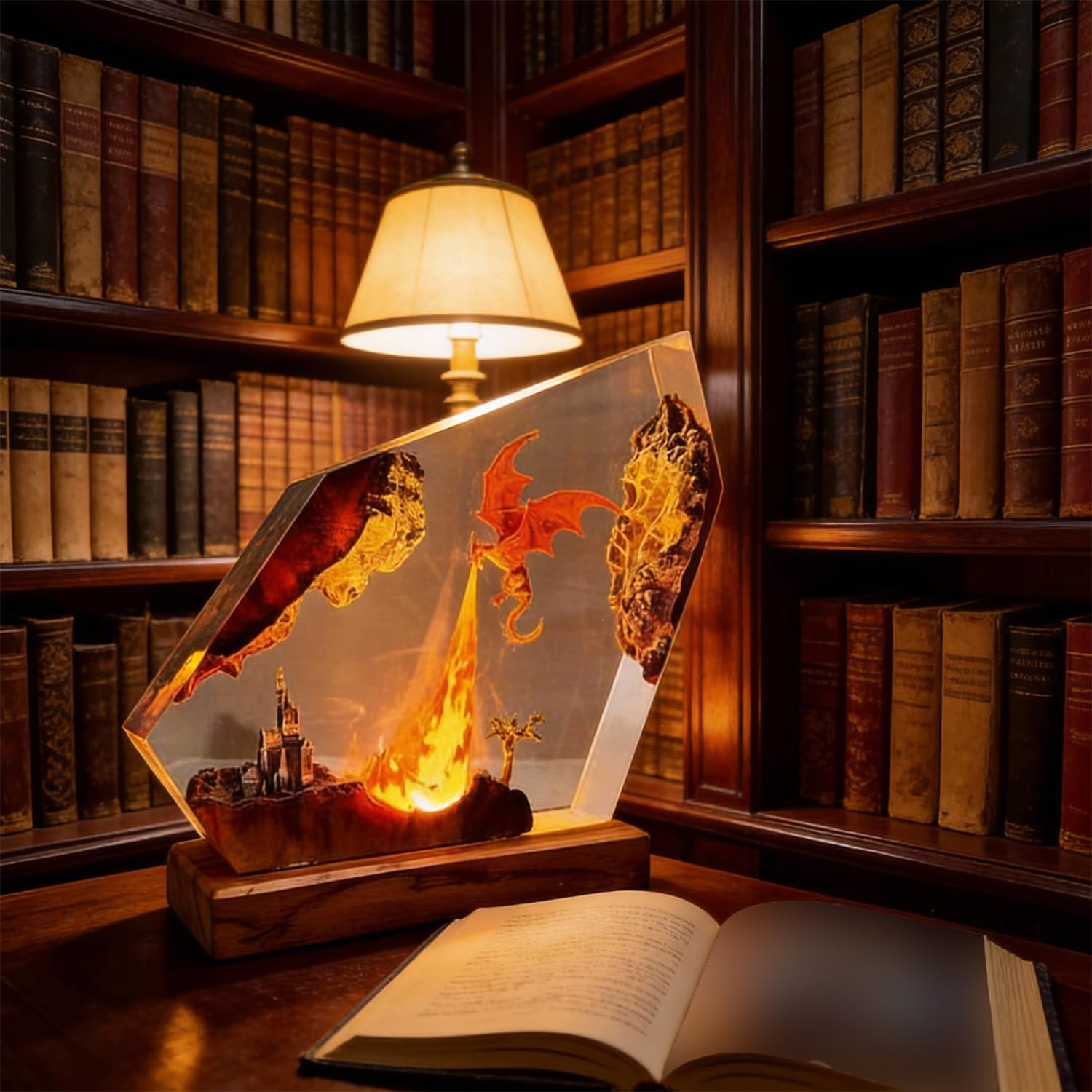 Epoxy Resin Dragon Lamp - Handmade Fire Breathing Night Light with Remote & 16 RGB Colors, 3D Wood Fantasy Art Decor, Cool Birthday Gifts for Men, Gamers, Boyfriend & Kids(S)