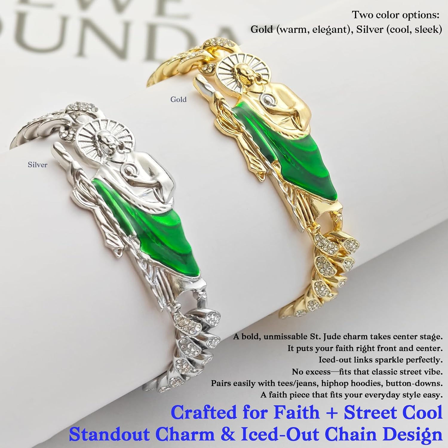 San Judas Tadeo Bracelet (Gold/Silver Plated, 8.5″) - San Judas Chain & St Jude Medal Pendant, Christian Jewelry Catholic Gifts for Him - Image 2