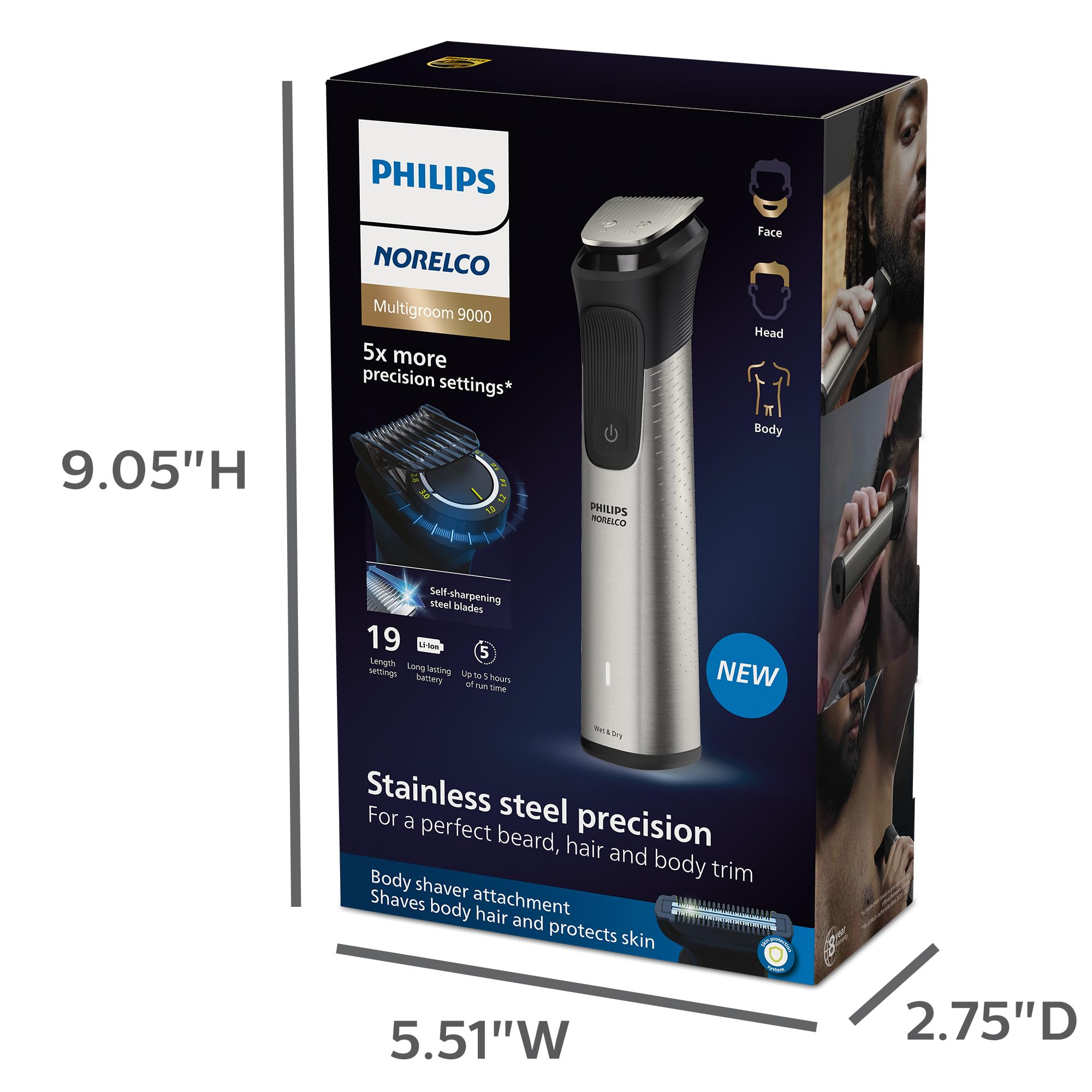 P L-RA 9000, Men's All in One Trimmer for Beard, Head, Hair, Face, Body, and Groin - No Blade Oil Needed, MG9500/50 - The Body Shaver Attachment Efficiently Shaves Body Hair While Protecting Skin