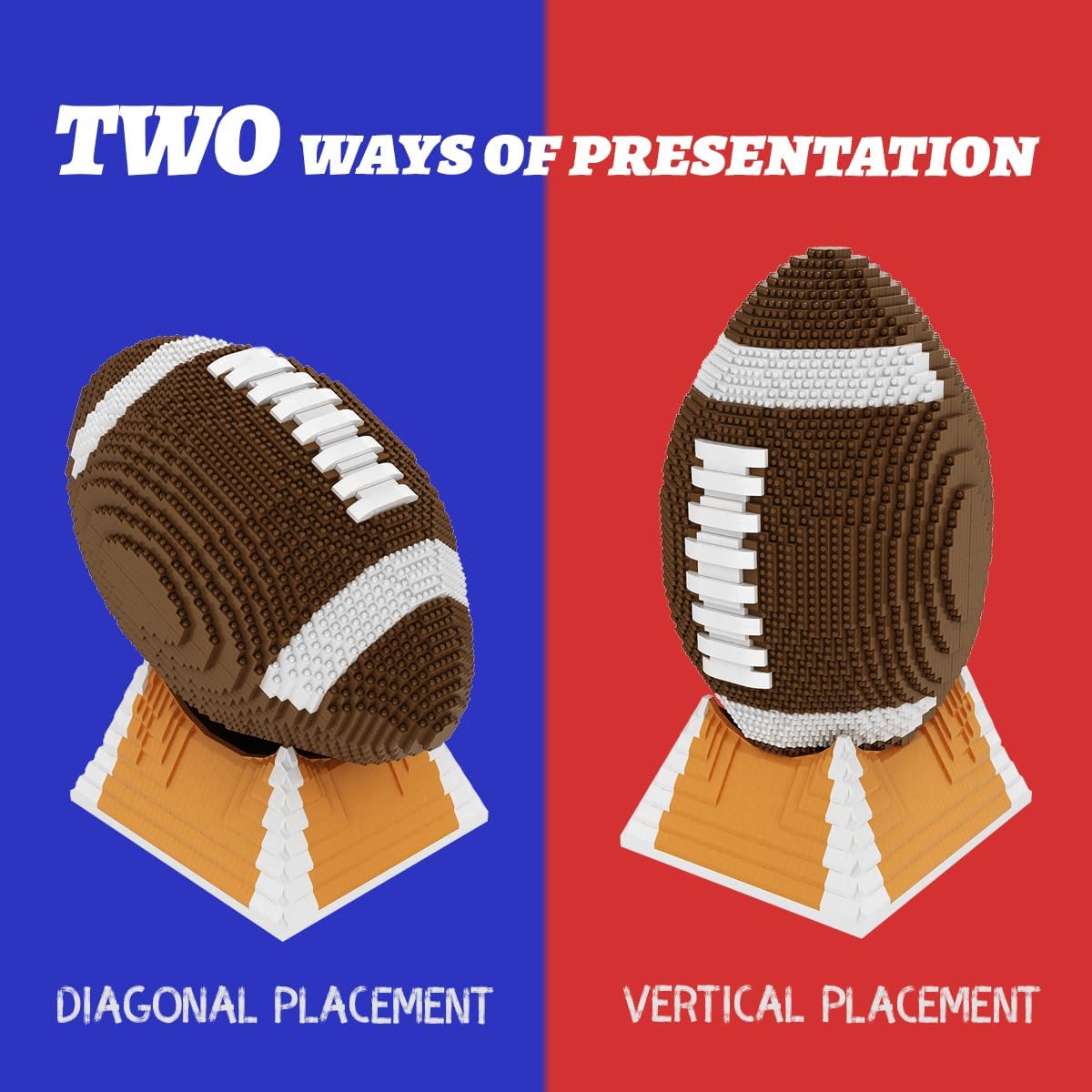 Two display options for the football model: diagonal and vertical placement on the stand.