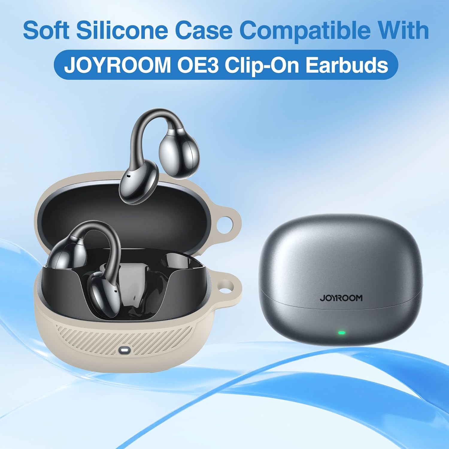 Silicone Case for JOYROOM OE3 Clip-On Earbuds, Shockproof Scratch-Resistant Skin Protective Cover with Keychain, for OE3 Clip-On Earbuds Wireless Open Headphones Washable Case Off-White - Image 2