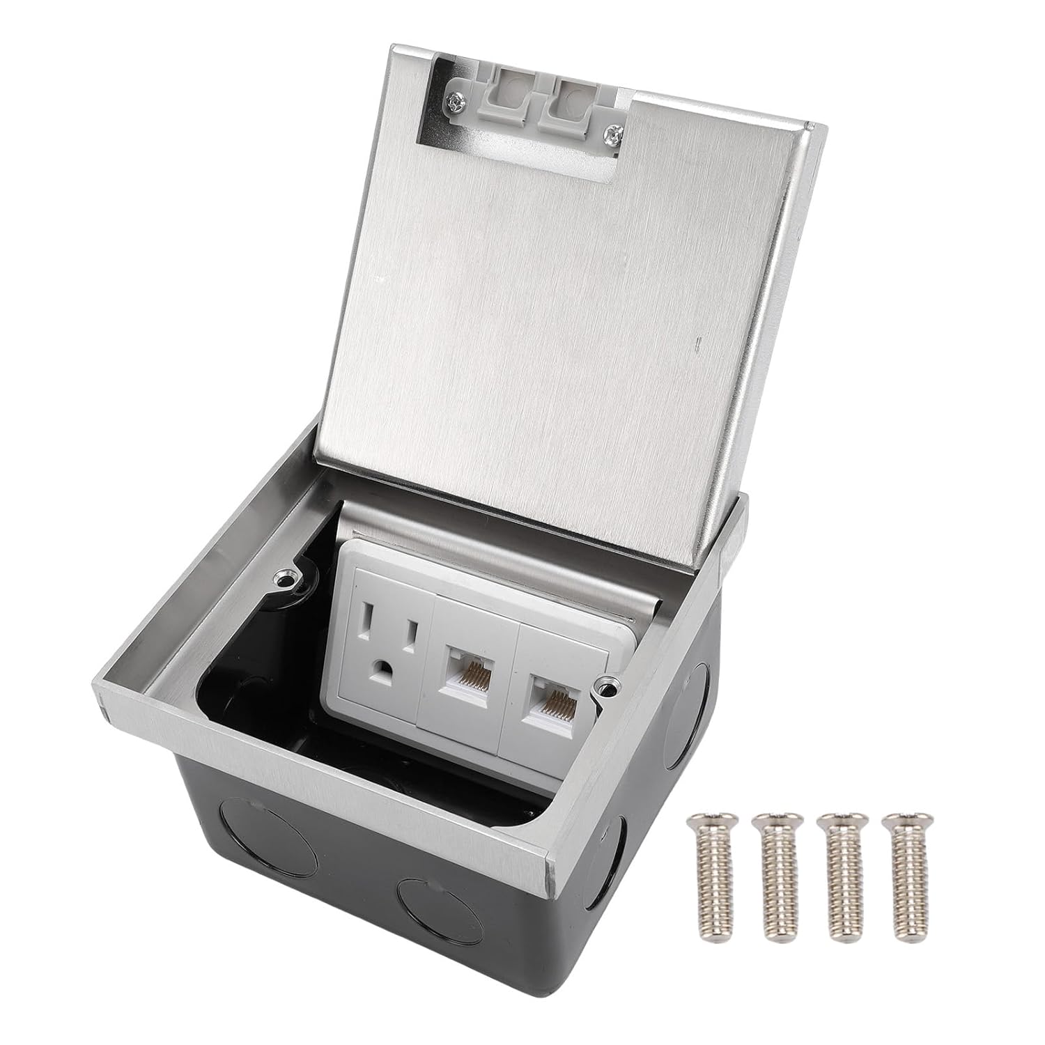 Fafeicy Recessed Floor Electrical Outlet Kit Flat Concealed Receptacle Outlet with Water Proof Cover Box 1pc 3 Prong and 2pcs Network Ports Silver for Tile Marble Carpet Kitchen Office