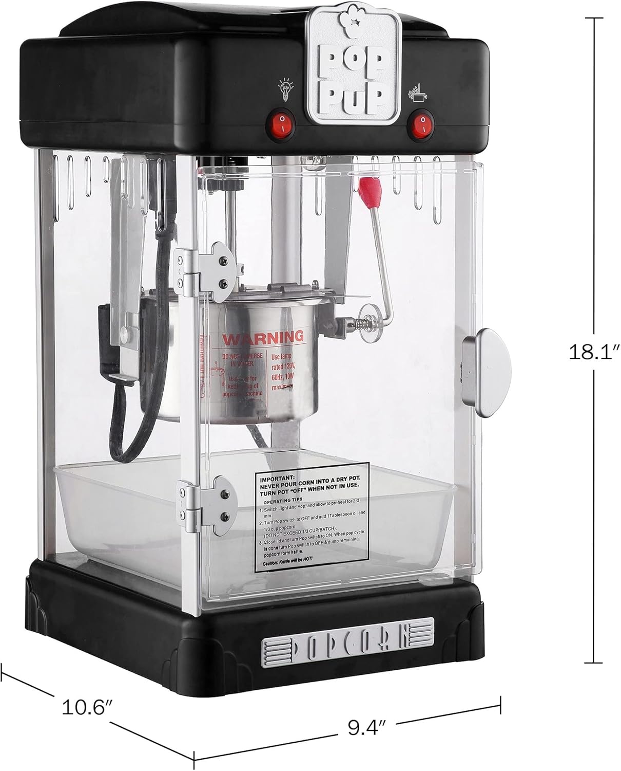 Pop Pup Countertop Popcorn Machine â€“ 2.5oz Kettle with Measuring Spoon Scoop and 25 Serving Bags Black Metal Stainless Steel