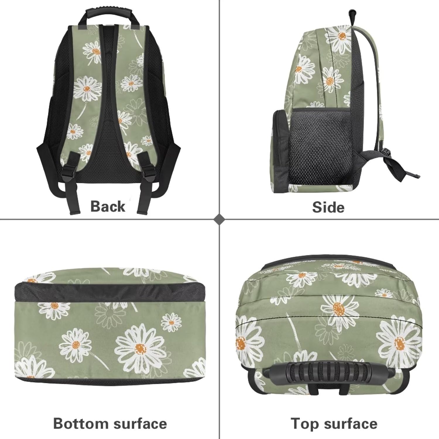 Lightweight Backpack for Teen Girls & Boys - School Bag Fit 15.6 Inch Laptop Compartment, 2 Elastic Side Pockets & Front Pockets Organizer (17.3x12.2x5.9in) Aesthetic Daisy Print Green