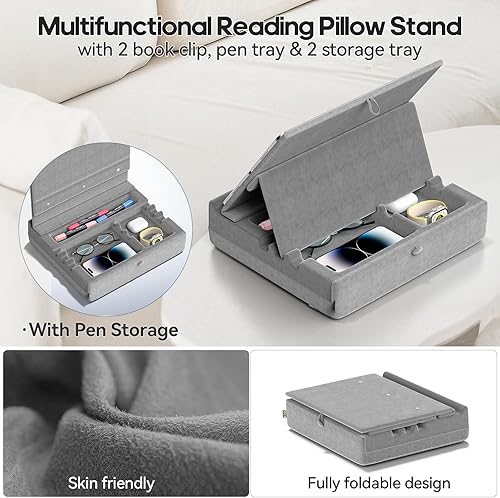Miniatura 8 de KDD Soporte de libro para leer con almacenamiento, soporte de almohada ajustable multiángulo para tableta, para regazo, cama, escritorio y sofá,