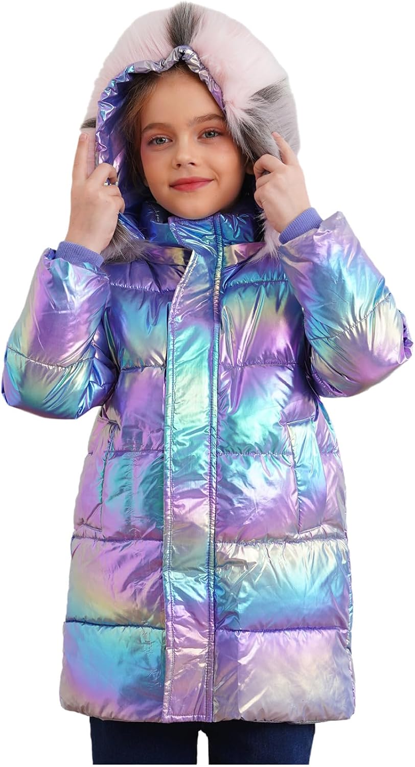 JEYPINMI Girls and Toddlers' Hooded Puffer Jacket Warm Shiny Outerwear Autumn and Winter Coat