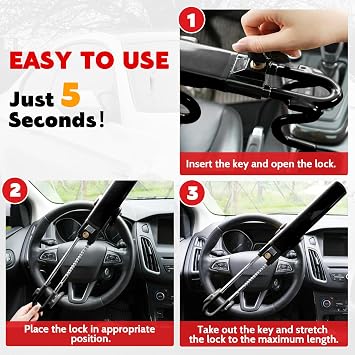 Tevlaphee Steering Wheel Lock Twin Bar, Steering Lock, Car Steering Wheel Locks, Car Lock Anti-Theft Device, High Visibility, Heavy Duty, Universal Fit, Adjustable Length,3 Keys(Black)