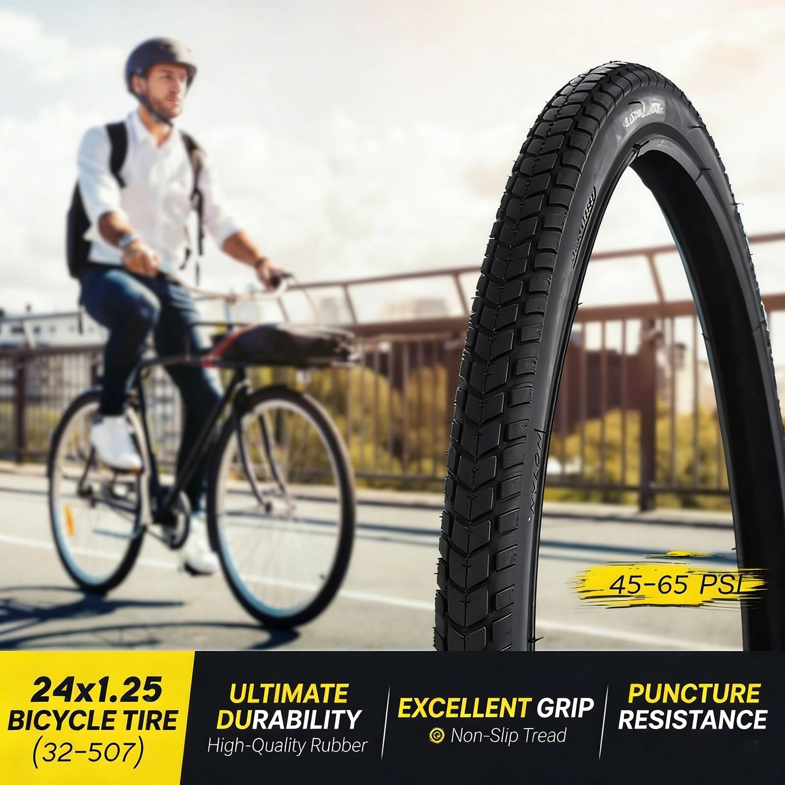 2PCS 24x1.25 (32-507) Neumáticos Resistentes a Pinchazos y al Desgaste, Ideales for Bicicletas Urbanas, Caucho de Alta Durabilidad, 45-65 PSI