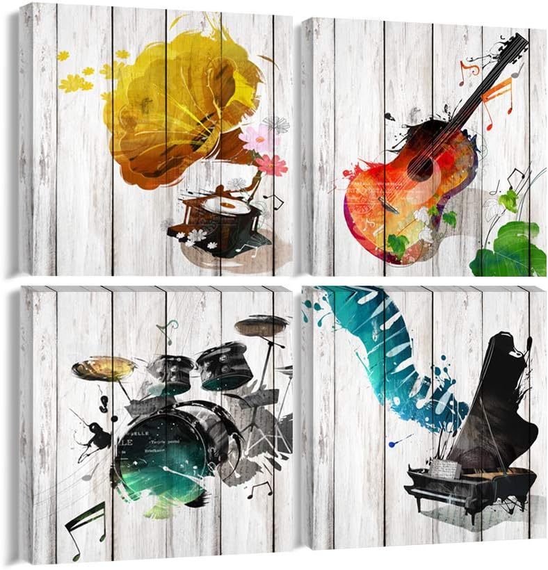Canvas Wall Art Musical Instrument Painting Picture Prints Gift for Music Lover - 4 Panels Modern Home Decor for Living Room Bedroom Framed Ready to Hang-16"x16"x4Pcs