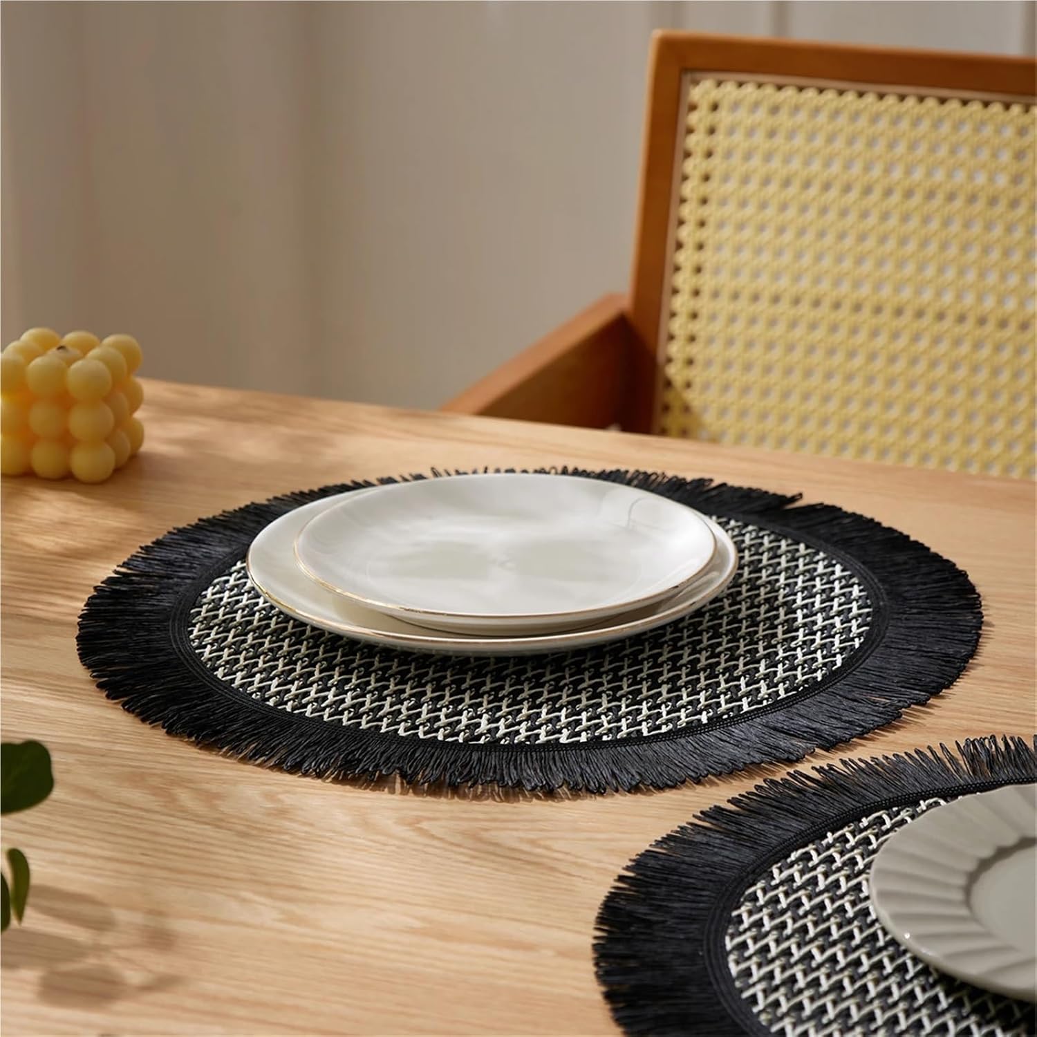 4pcs Bohemian Paper Placemats for Restaurant Dining Table Woven Paper Table Mat Round Place mat(Green)