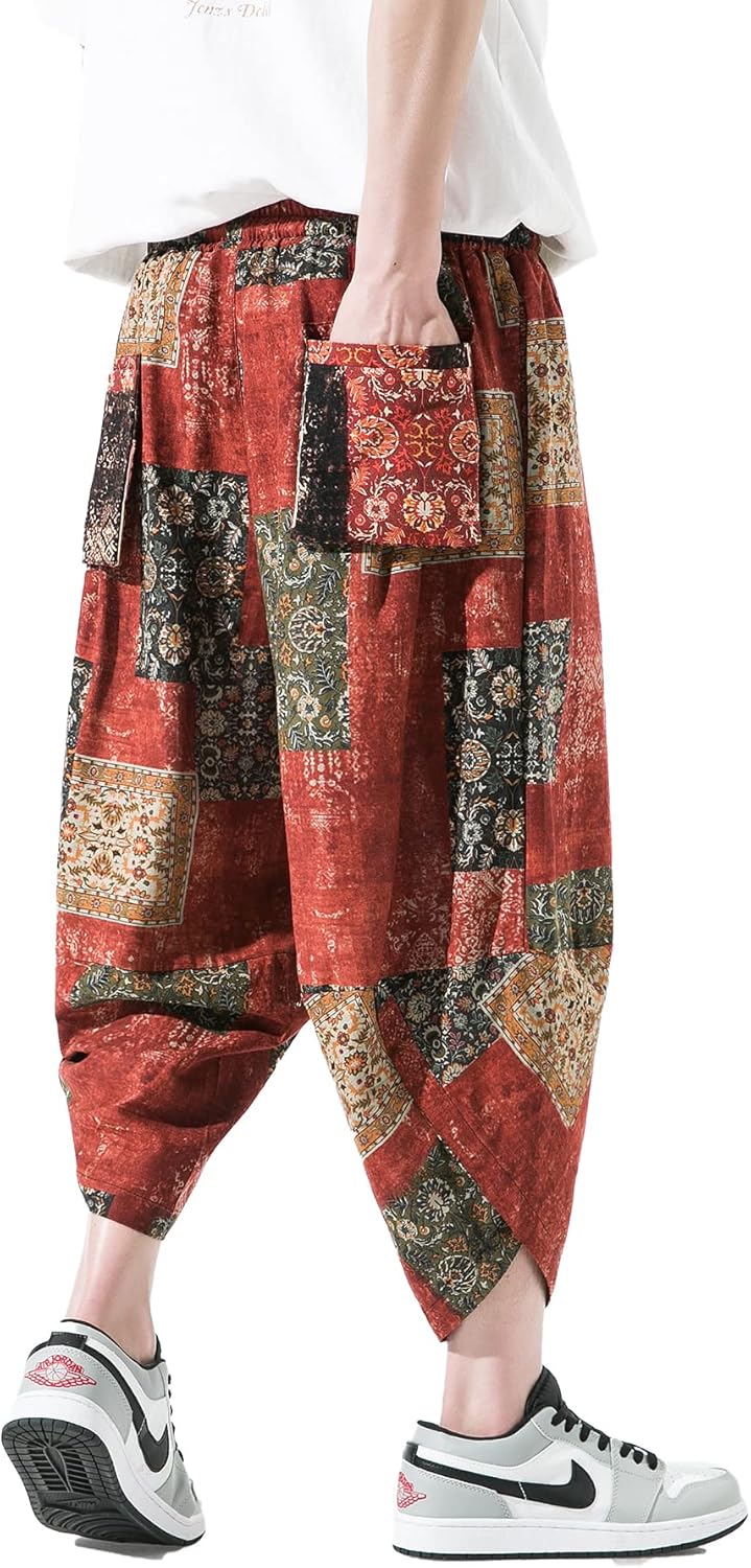 DOSLAVIDA Men's Casual Elastic Waist Linen Capri Pants Wide Leg Baggy Cotton Harem Yoga Trousers Loose Patchwork Short - Image 5