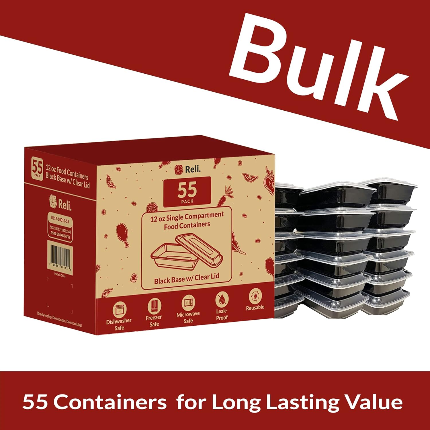 Reli. Meal Prep Containers, 12 oz. | 55 Pack | Small 1 Compartment Food Containers with Lids | Microwavable Food Storage | Black Reusable Bento Box/Lunch Box for Meal Prep, Small