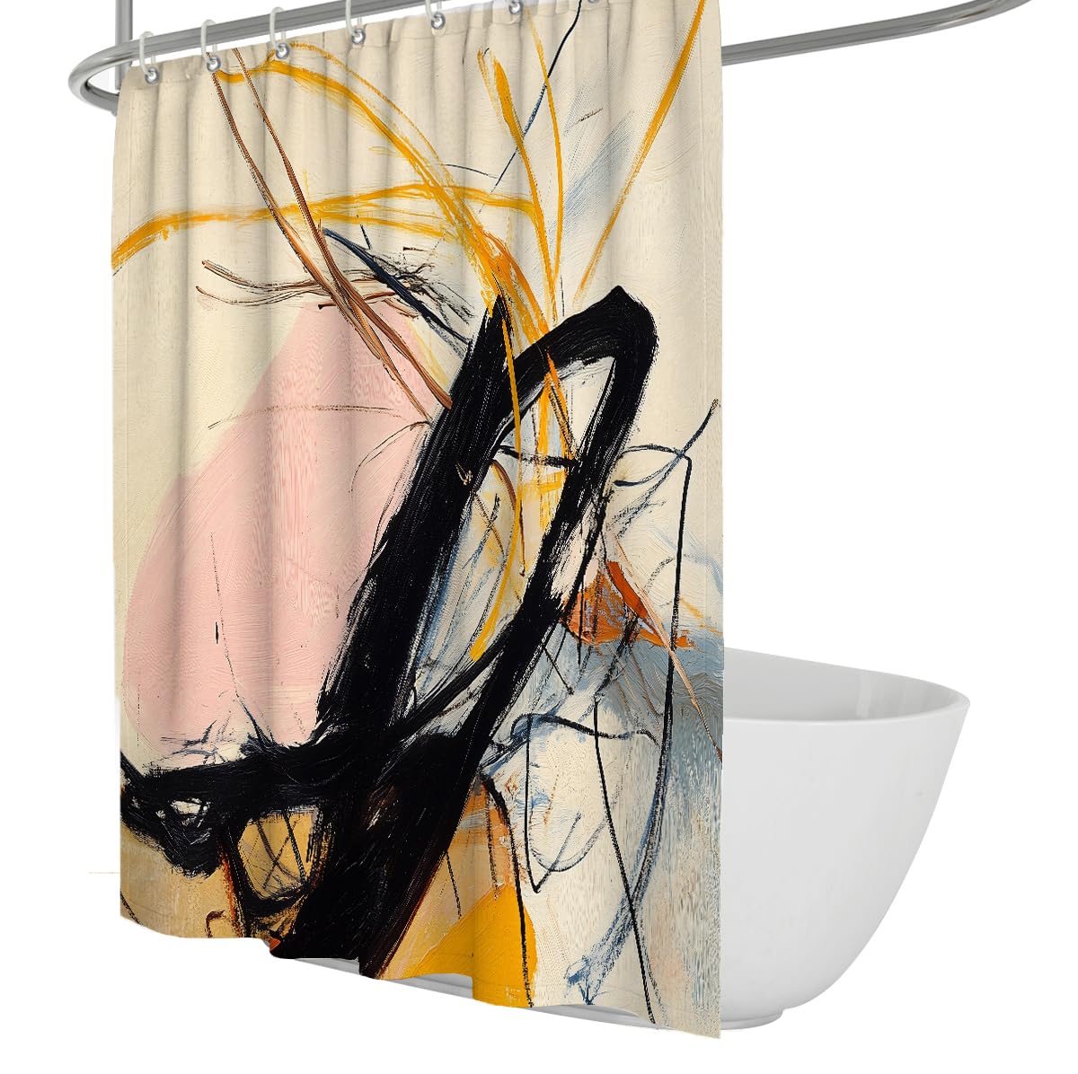OLLIAR Home Modern Brushstroke Shower Curtain Set Abstract Line Art Aesthetic Shower Curtain Waterproof Polyester Fabric Bathroom Curtain with Hooks 100x200cm