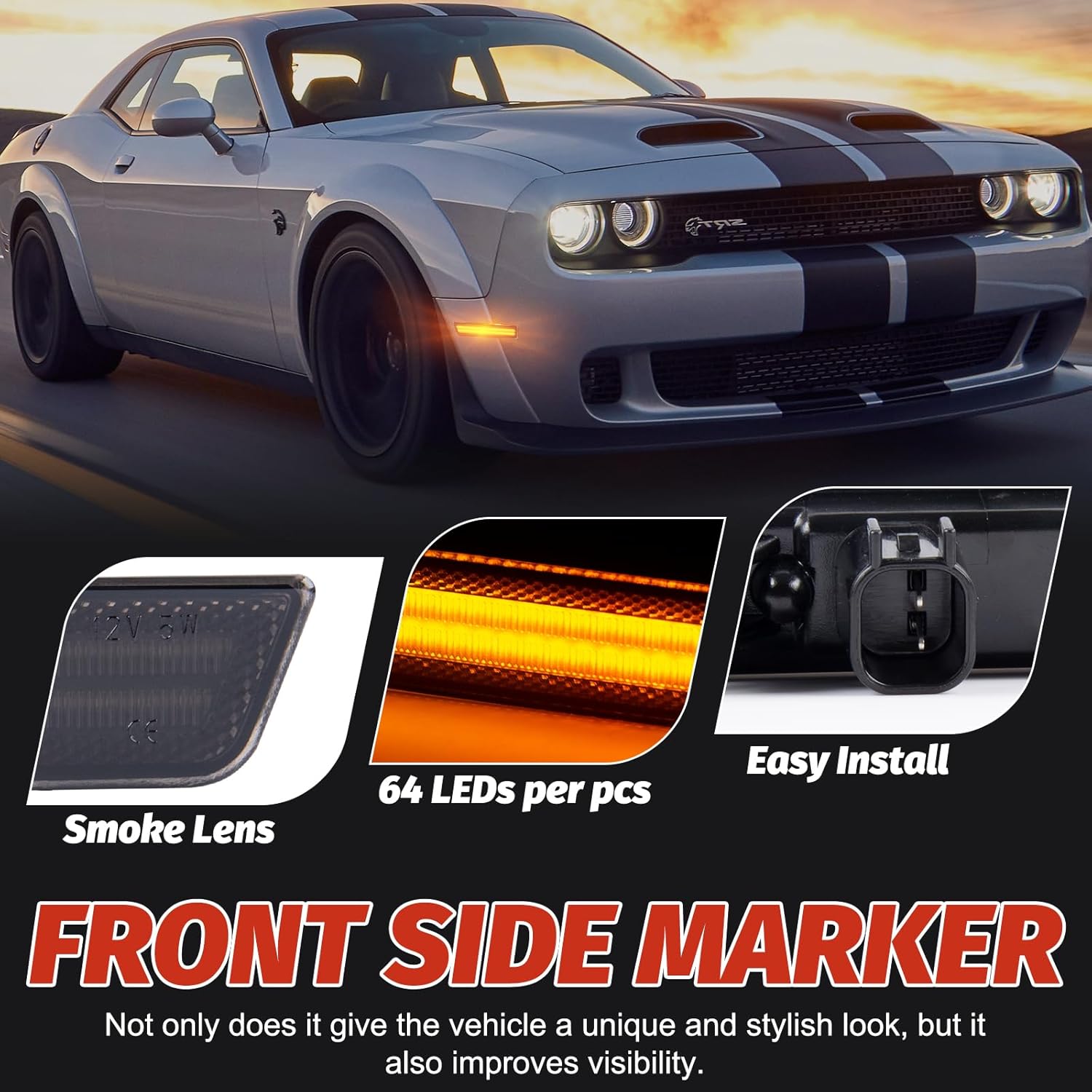 Amber LED Side Marker Lights Front Bumper Fender Sidemarker Lamp Compatible with Dodge Challenger 2015 2016 2017 2018 2019 2020, Parking Signal Lamps & Smoke Lens, 2PCS