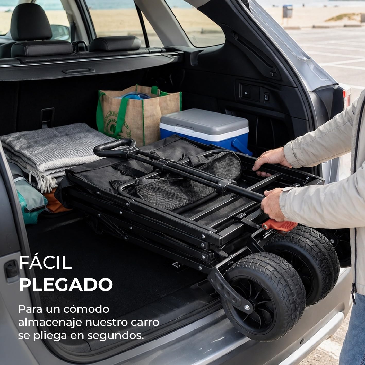 KEYPRO - Carro Plegable de Playa y Camping | Capacidad 150kg - 100 L | Ruedas Todoterreno | Frenos | Estructura Robusta | Carro Grande Multiusos | Carrito Plegable