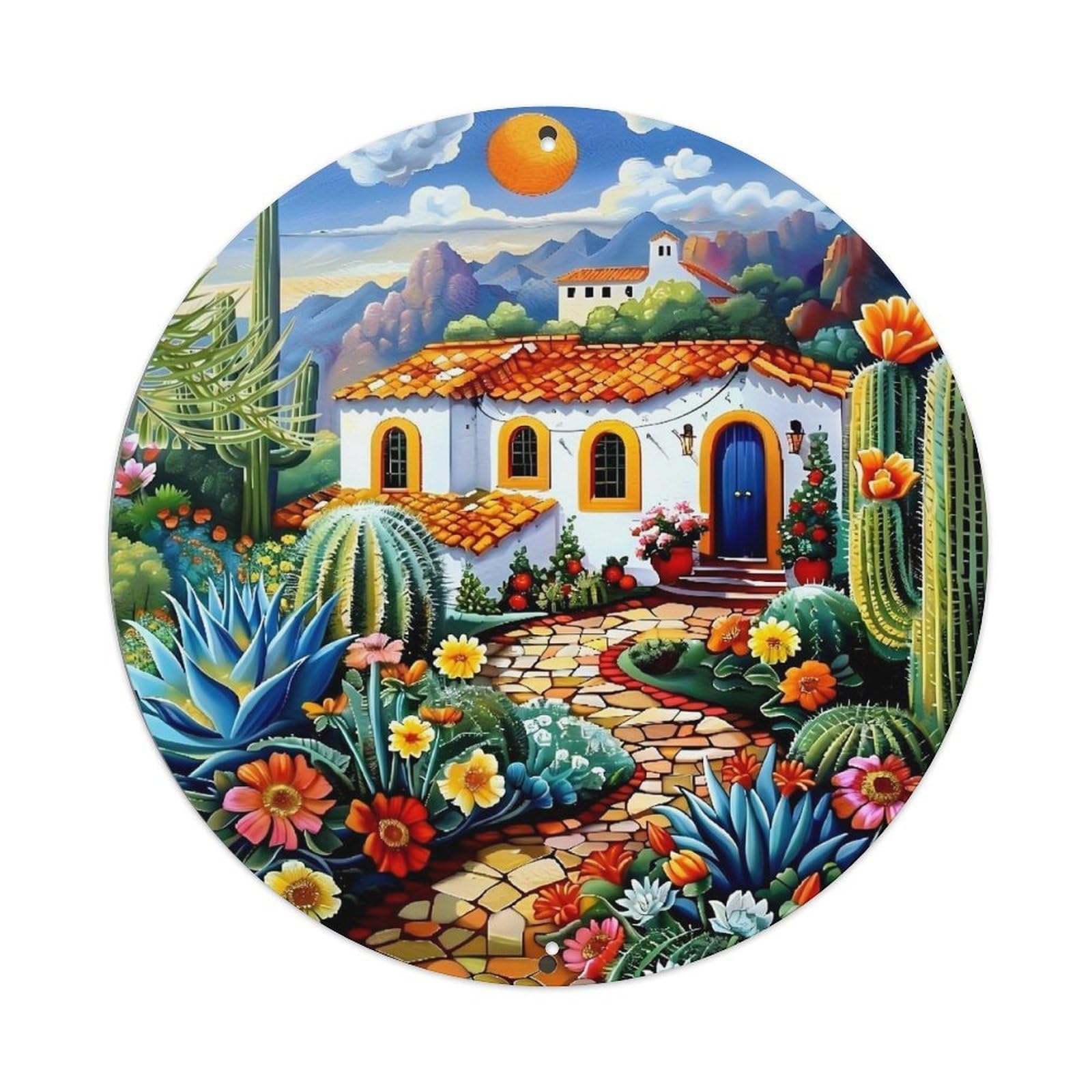 Colorful Desert Cottage Scene Art Retro Metal Sign Round Tin Sign, Vintage Decor Art Poster for Bar, Home, Man Cave, Kitchen, Laundry Room Gift 8x8Inch