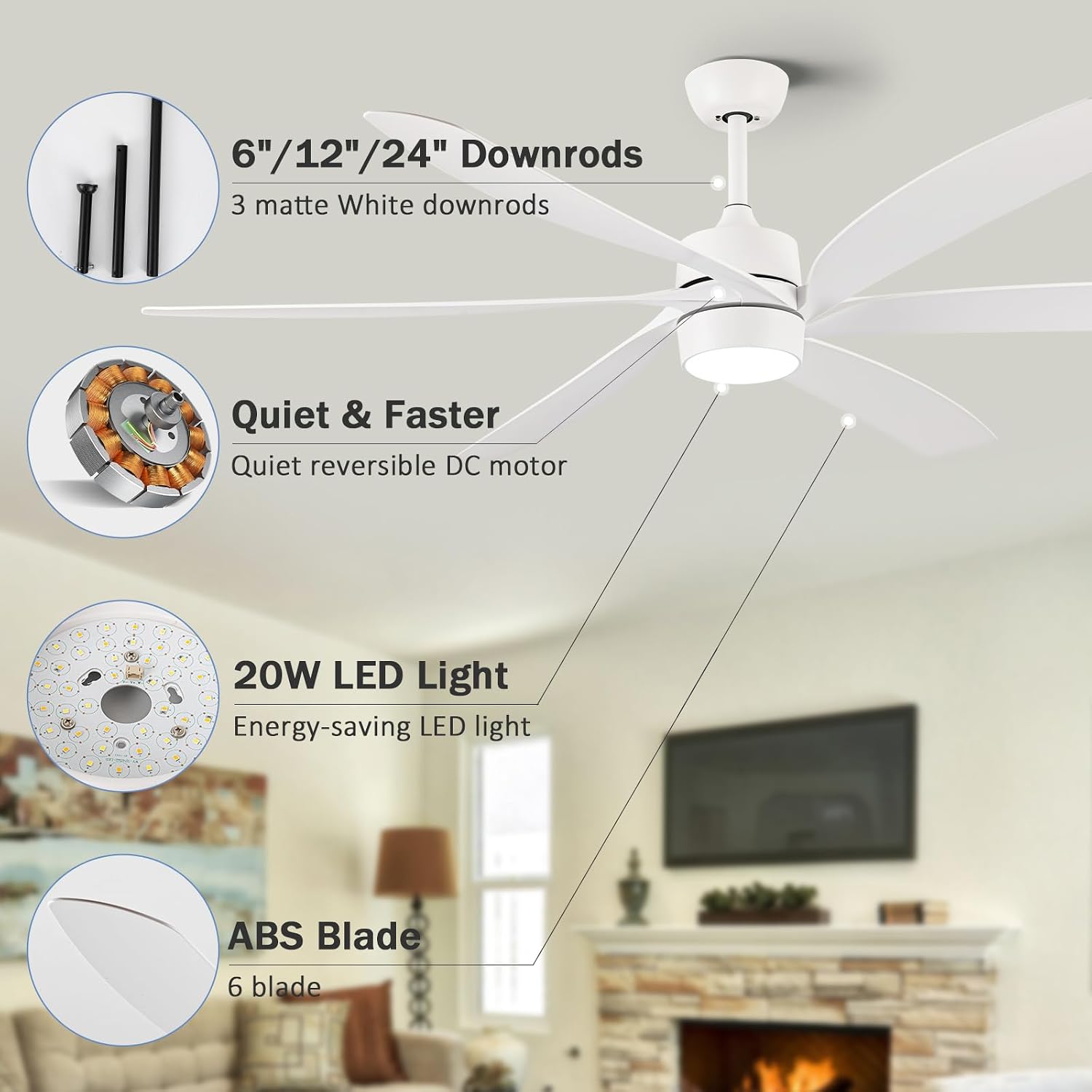 64 Inch Outdoor Ceiling Fans with Lights and Remote, Large White Ceiling Fan 6 Blade Quiet Ceiling Fan for Patio Exterior, Farmhouse Ceiling Fan, 6 Speed Reversible DC Motor, Dimmable, 3CCT