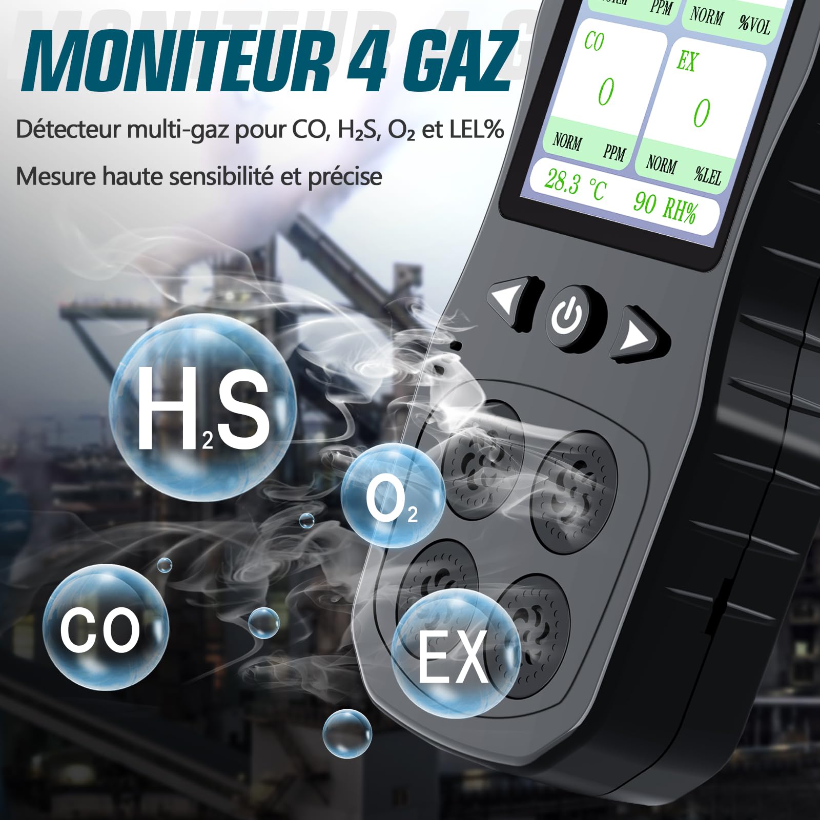 Détecteur De 4 Gaz, Moniteur 4 Gaz Rechargeable pour H2S, CO, LEL, O2 avec Alarme Sonore, Lumineuse Et Vibrante, Noir