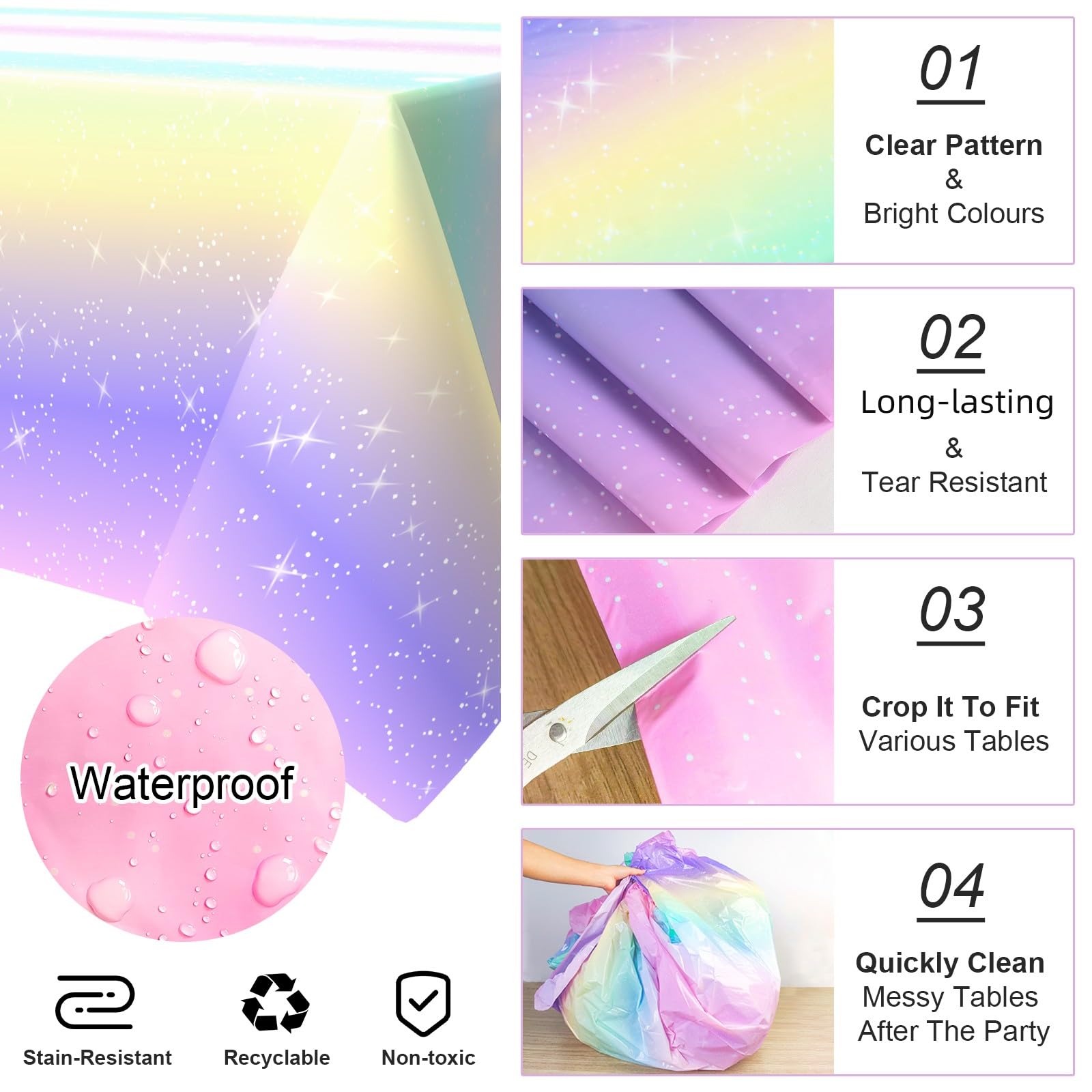 Tovaglia Arcobaleno Unicorni 137x274cm - Plastica Lavabile, Per Feste Bambini, Compleanni, Decorazioni Colorate - Foto 7