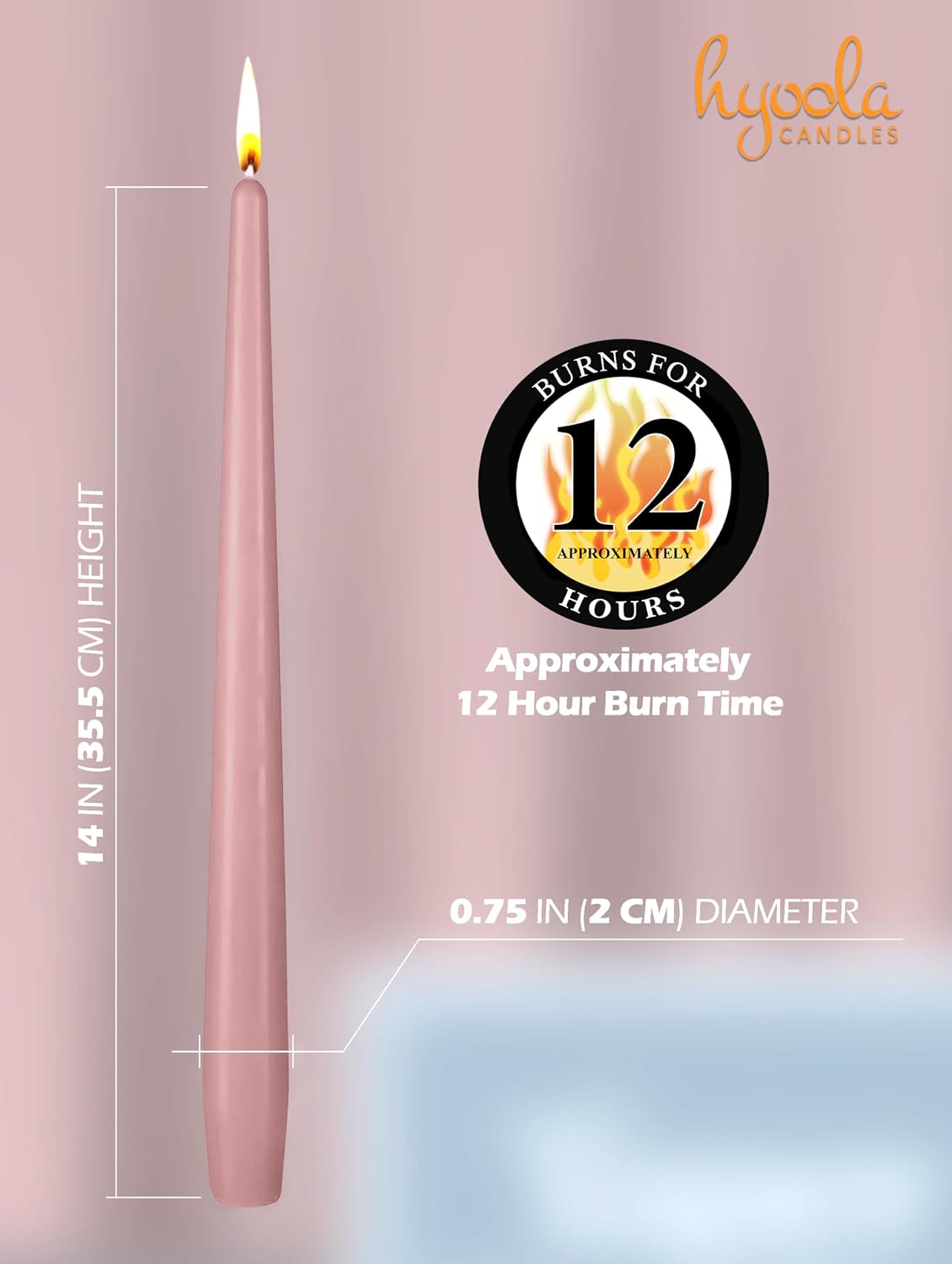 Hyoola Tall Taper Candles - 14 Inch Mauve Pink Unscented Dripless Taper Candles - 12 Hour Burn Time - 12 Pack