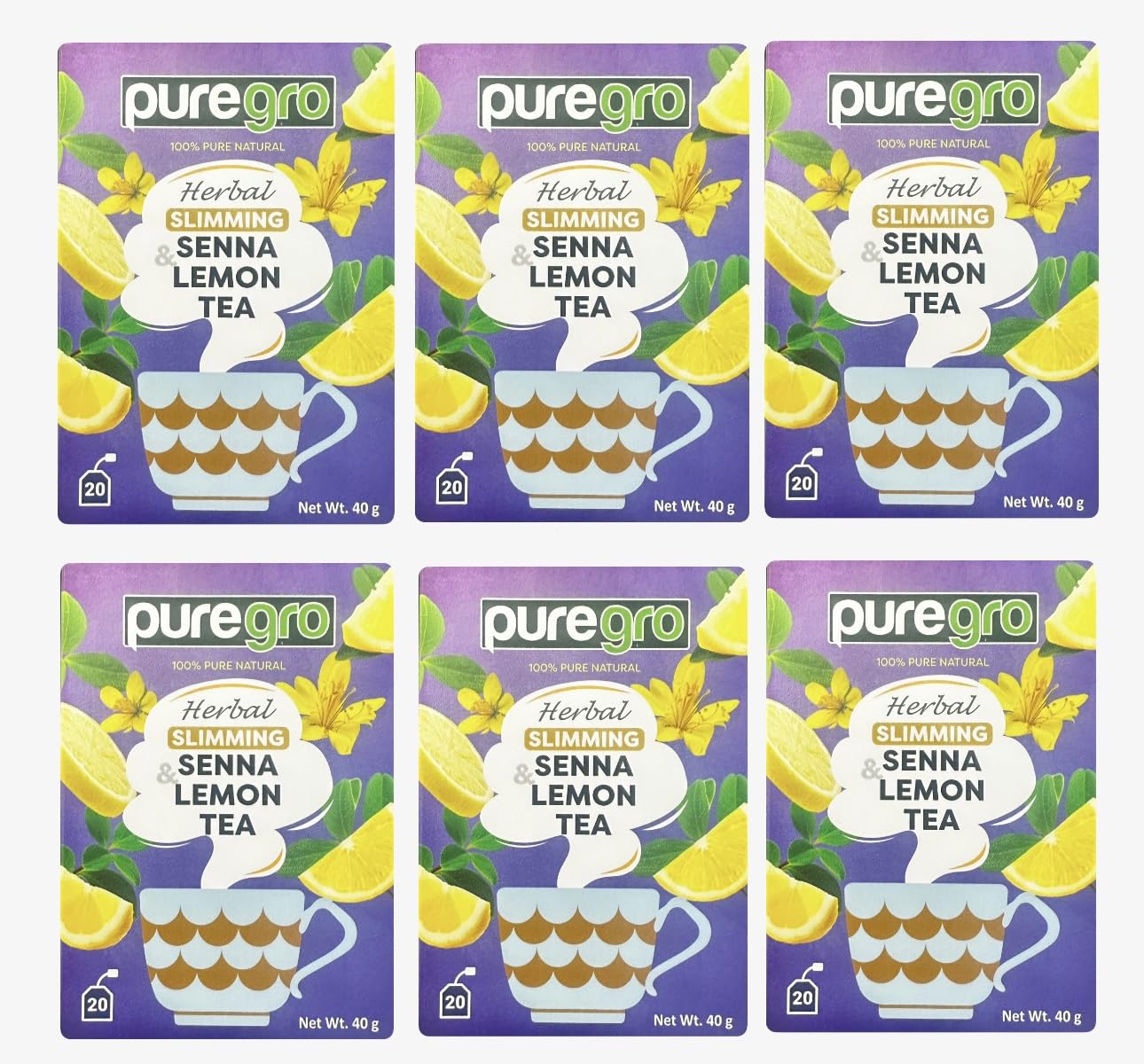 Herbal Slimming Senna & Lemon Tea 40g (20 Tea Bags)| PACK OF 6 | 100% Pure Natural | CAFFEINE FREE.