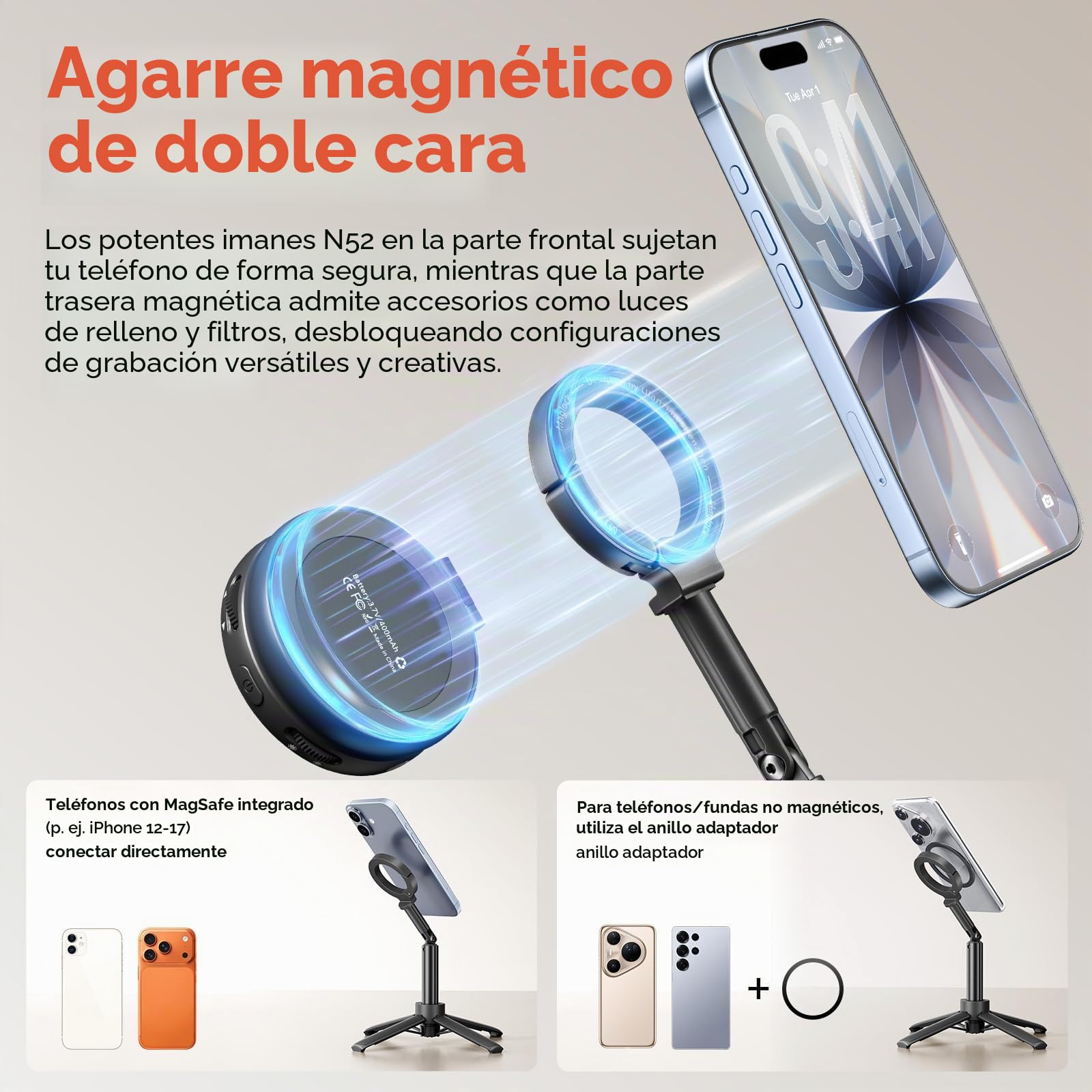 ULANZI MT71 Trípode Magnético Mini para Móvil, 3 en 1 Palo para Selfie, Soporte de Cuatro Patas con Imán Fuerte 14N con Cabeza Inclinable 180° Portátil, Compatible con iPhone 17-12 Magsafe, Samsung