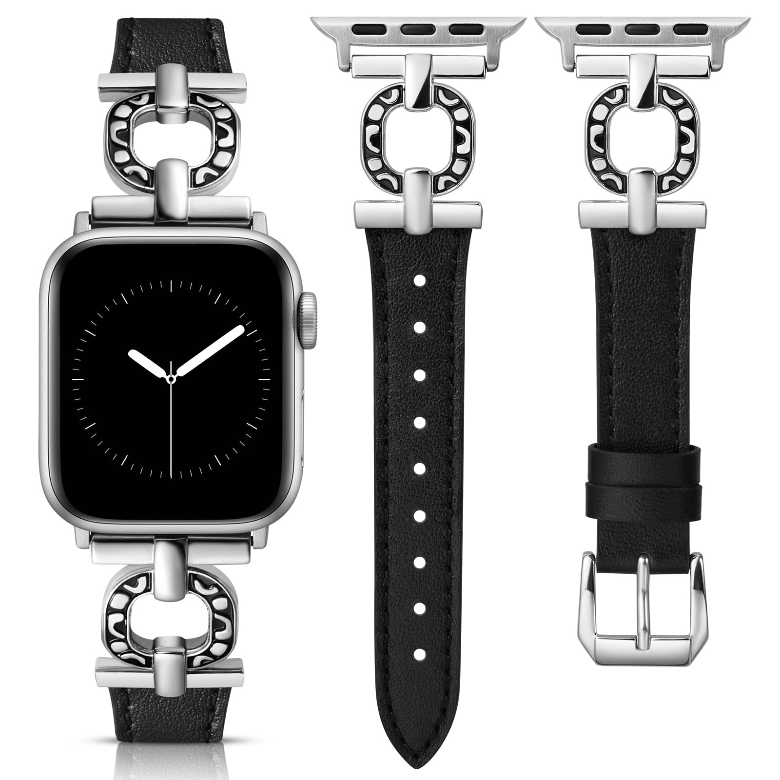 Minyee Leather Band Compatible with Apple Watch Bands 41/40/38/42/44/45/46/49mm Women, Dressy Slim Thin Top Grain Premium Leather Scrollwork Strap for