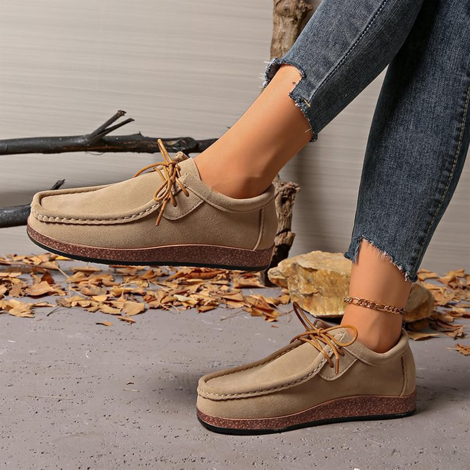 Women's Suede Hand Sewing Lace Up Moccasin Soft Bottom Casual Shoes Comfort Lightweight Non Slip Driving Loafers for Work Daily - Image 6