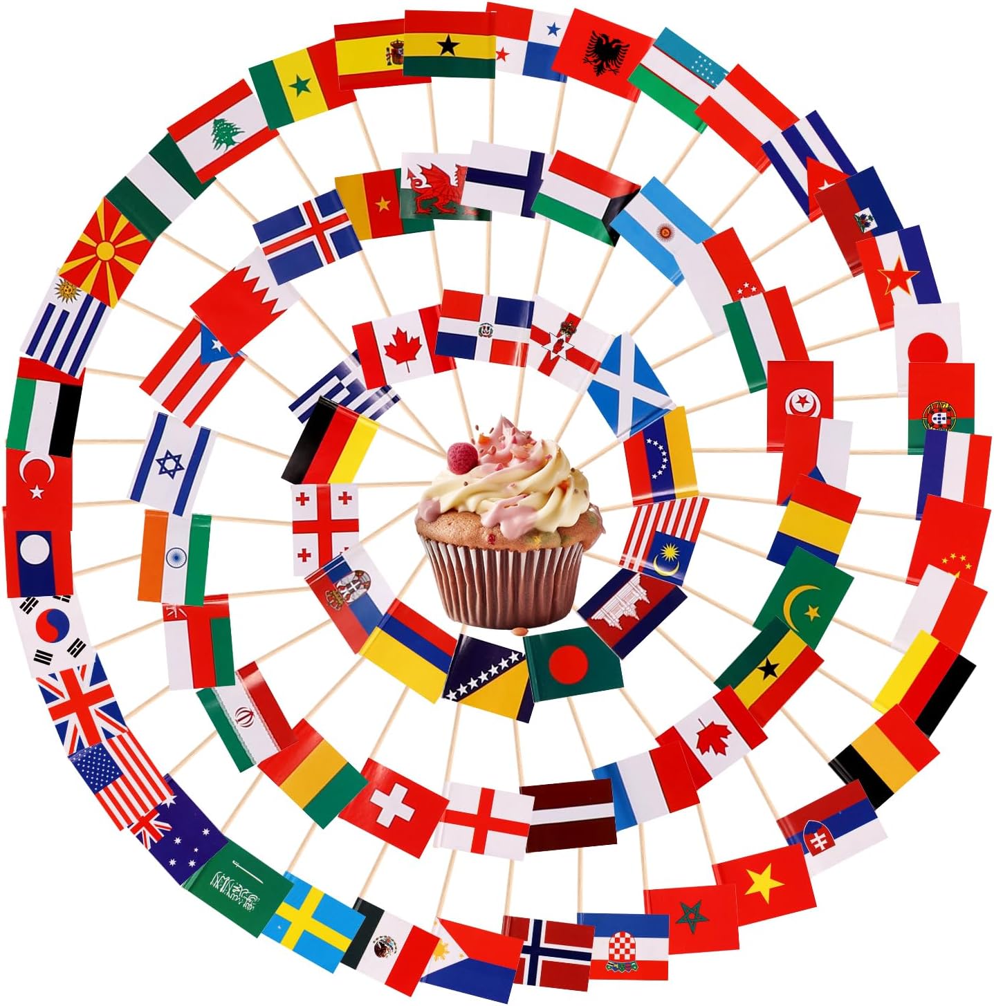100pcs Mini Countries Toothpick Flags, 2.56x1.38in Countries Cupcake Toppers Stick Different Nations Double Sided Small Countries Cupcake Picks for Fruit Cocktail Food Flag Decorations