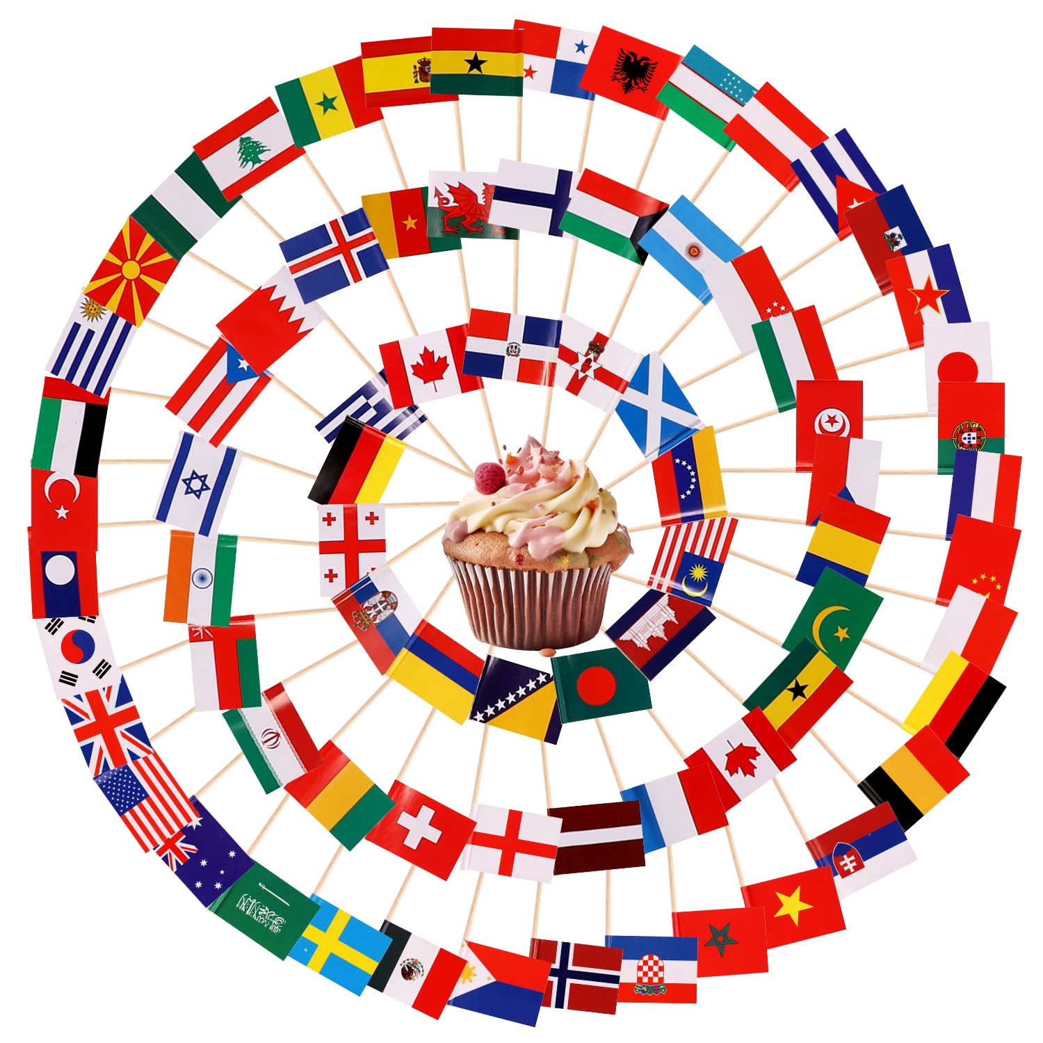 100pcs Mini Countries Toothpick Flags, 2.56x1.38in Countries Cupcake Toppers Stick Different Nations Double Sided Small Countries Cupcake Picks for Fruit Cocktail Food Flag Decorations