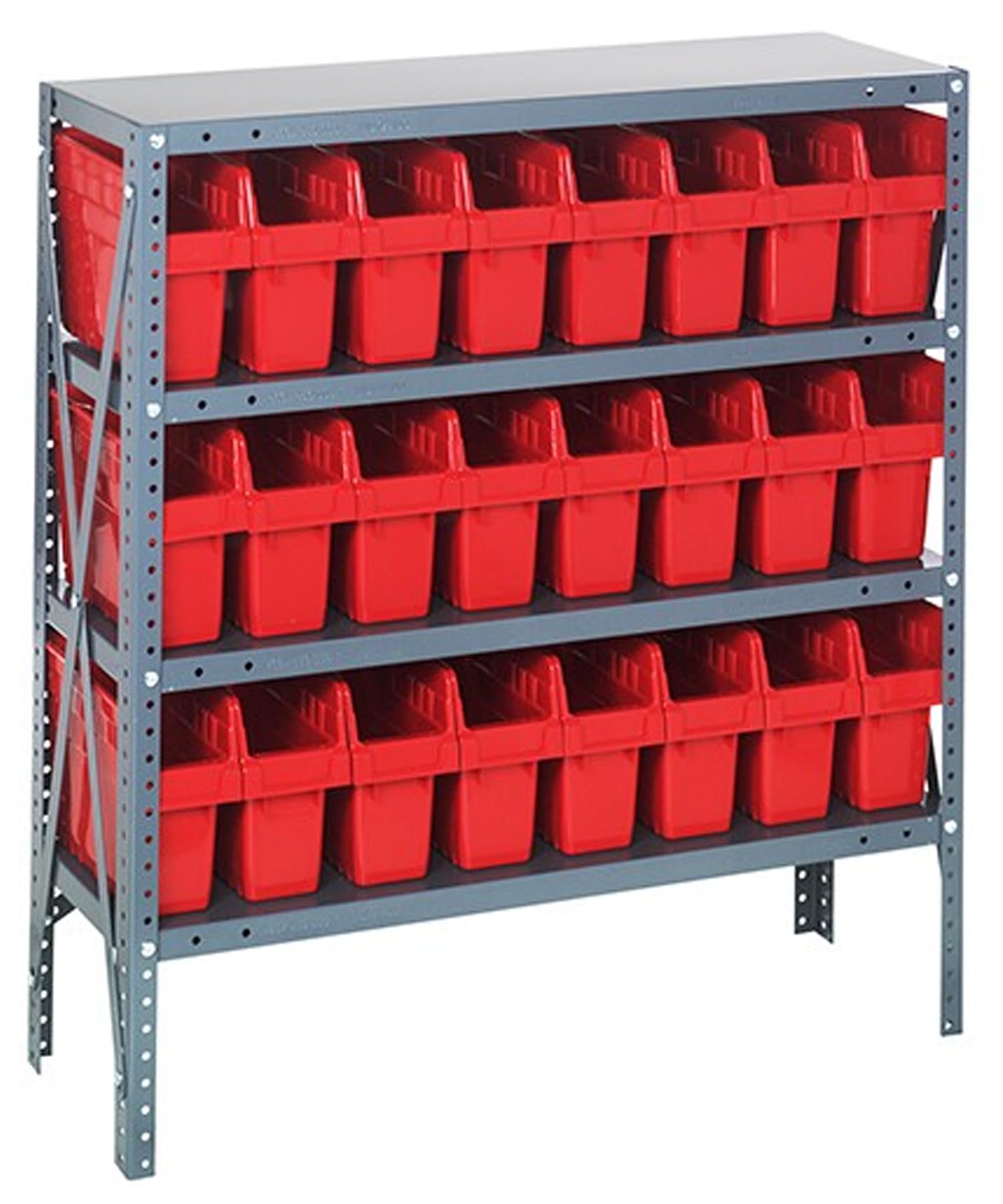 Quantum 1239-SB801RD Heavy Duty Shelving Unit with (4) Shelves and (24) QSB801 Red Bins for Warehouse Storage Distribution | 400 lbs Capacity per Shelf | 12"D x 36"L x 39"H, Galvanized Steel Finish