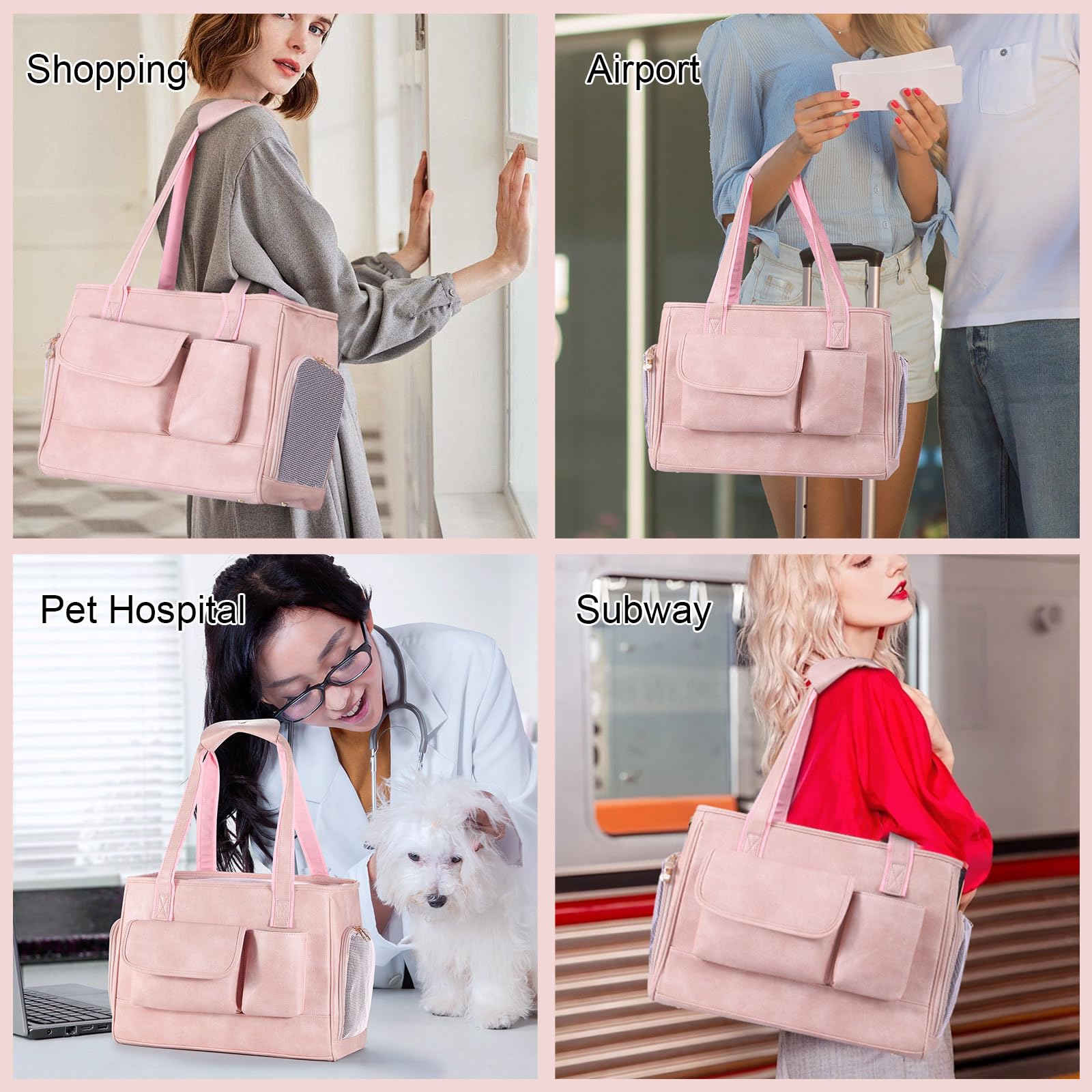 Hundetragetasche, modische Leder-Haustier-Tragetasche, von Fluggesellschaften zugelassen, weiche Seiten, Katzen-Reisetasche mit Taschen, Rosa