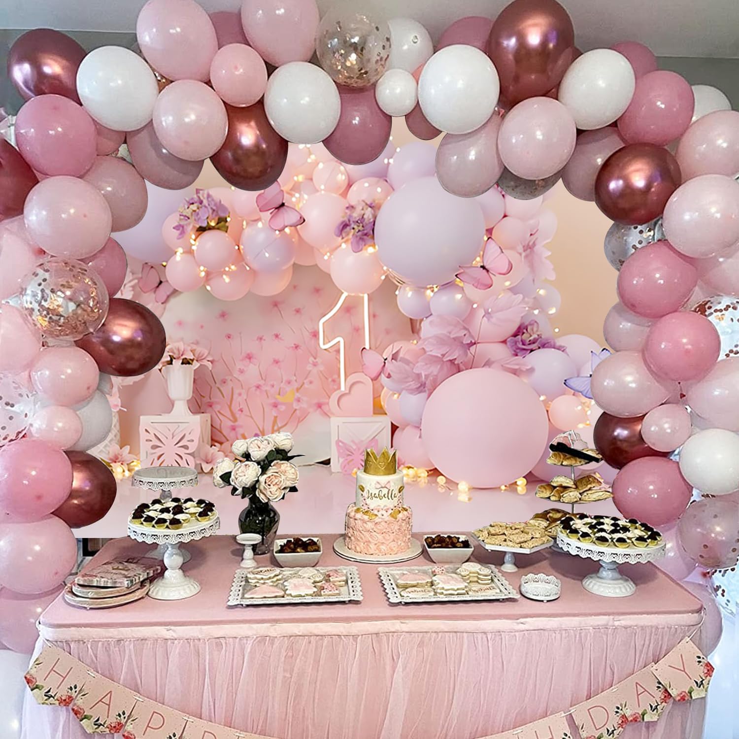 2,7 x 1,8 m rosa 1° compleanno sfondo rosa fiori viola palloncini farfalle 1° compleanno fotografia sfondo neonate festa di compleanno banner decorazioni torta tavolo foto puntelli