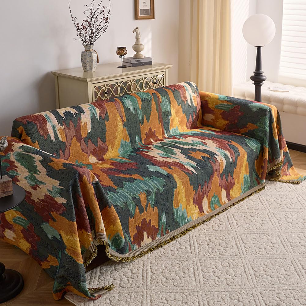 Highdi Sofa Throws Large, Extra Large Throws for Settees Reversible Versatile Chic Woven Soft Throw Blanket with Tassels for Settees Couch Sofa Bed and Armchair (180x130cm,Building Blocks)