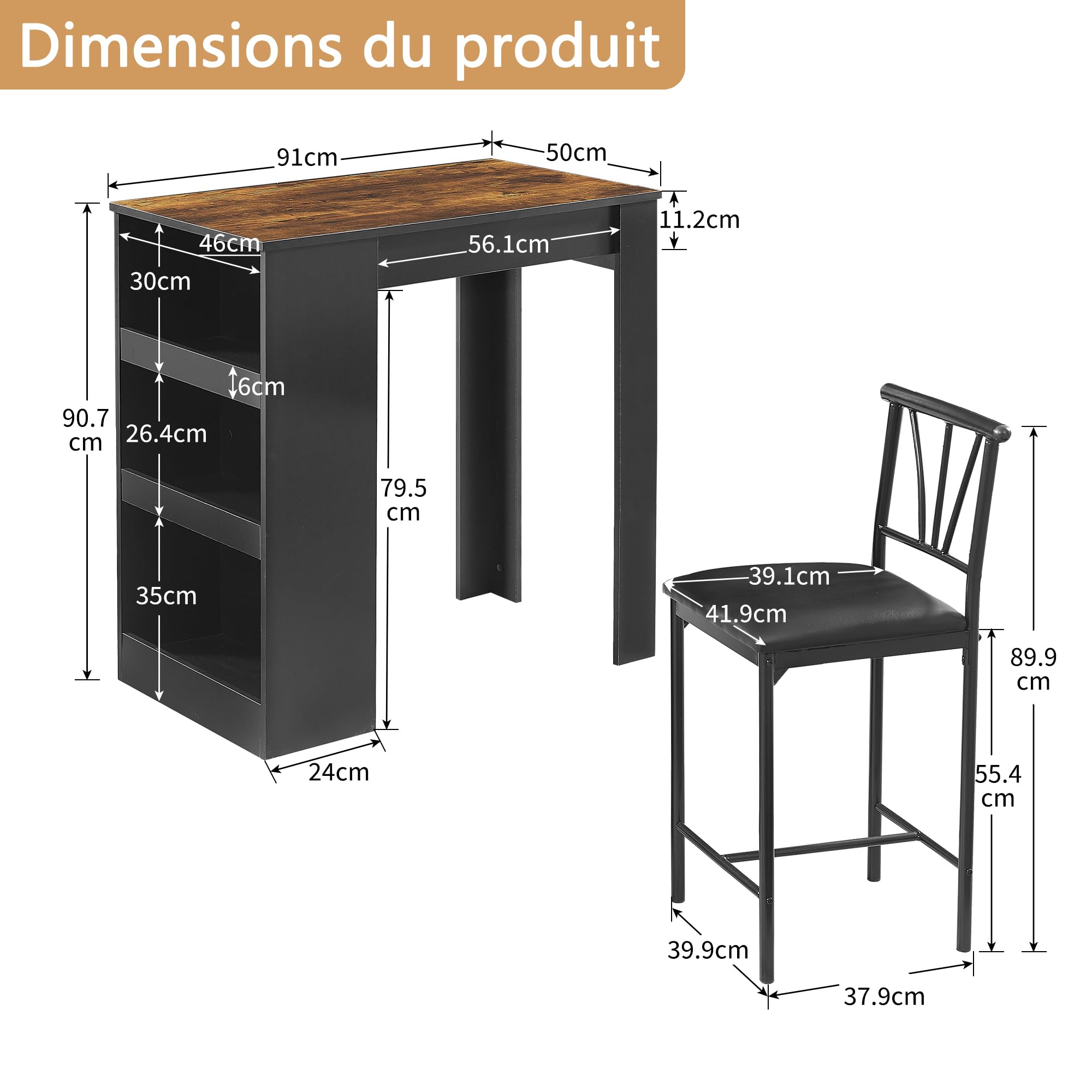 VECELO Ensemble Table de Bar Industriel avec 2 Chaises Rembourrées, Table avec 3 Étagères de Rangement pour Salle à Manger, Cuisine, Salon, Bistrot, Marron